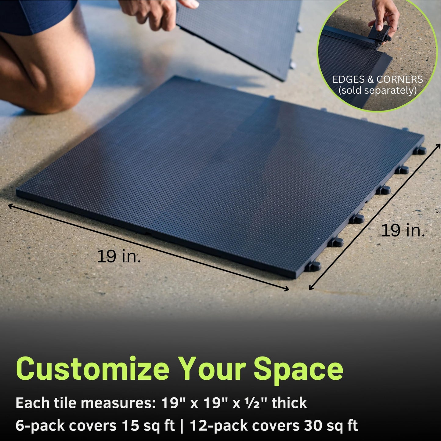 Baselayer Balance Series Interlocking Floor Tiles - Durable ½ in TPE (Rubber Like, NOT Foam, no Odor) - Gym Flooring for Cardio Equipment & Gymnastics - Black, 15 SqFt (6 Pack) - Made in USA