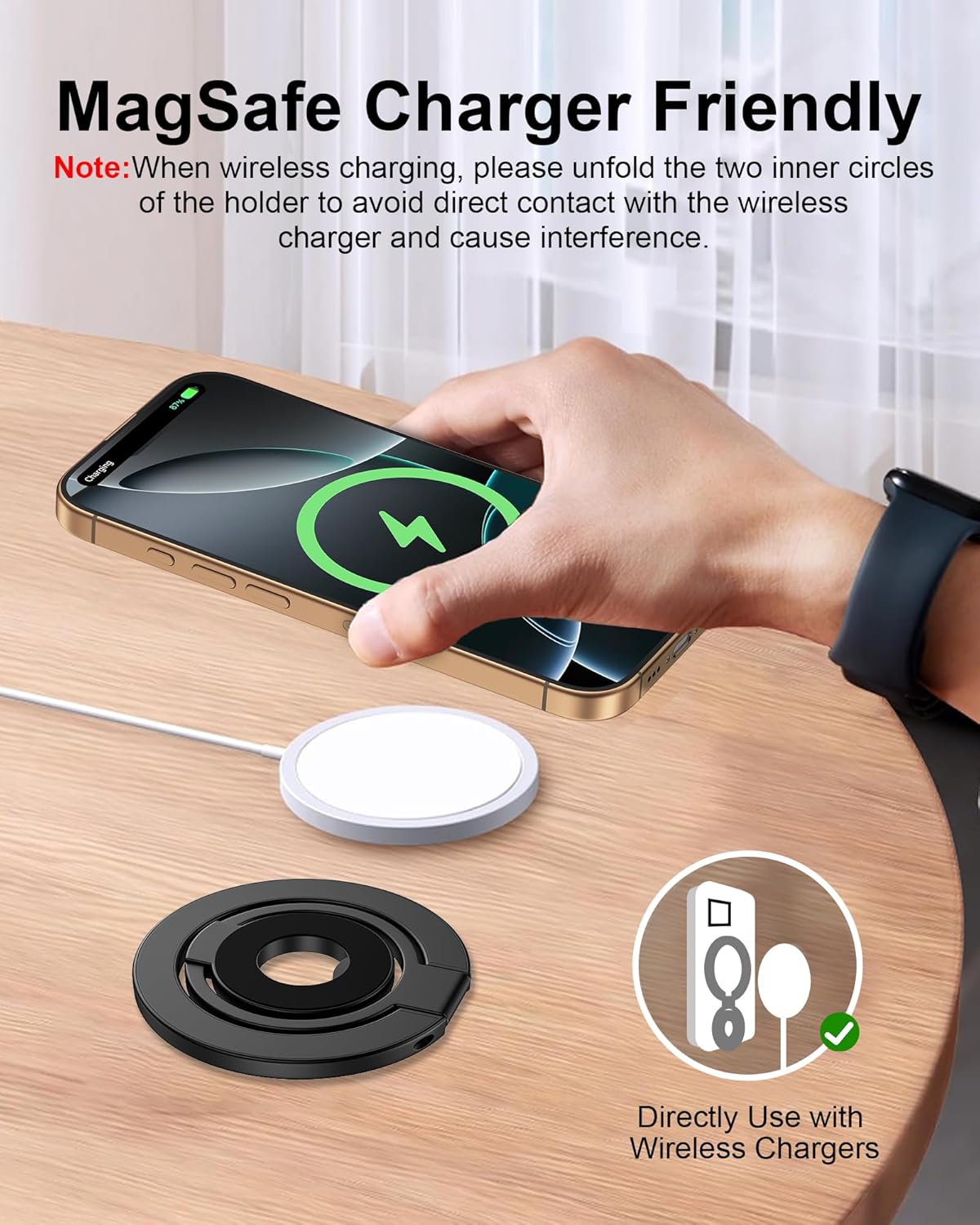17e 17 Phone Ring Holder Grip with Dual-Side Magnets, Universal Magnetic Kickstand Stand, Wireless Charging Friendly