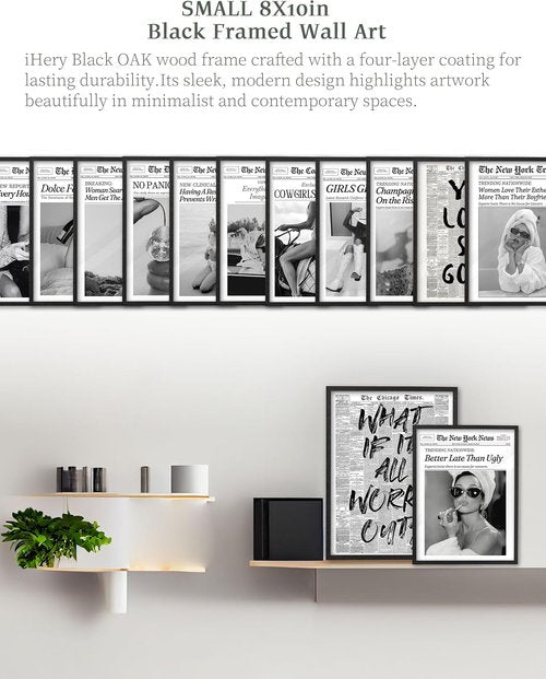 iHery Premium Natural Black Oak Wood Wall Art - Trendy Champagne Problems Newspaper Print | 8x10in Framed Canvas Decor for Dorm & Living Room