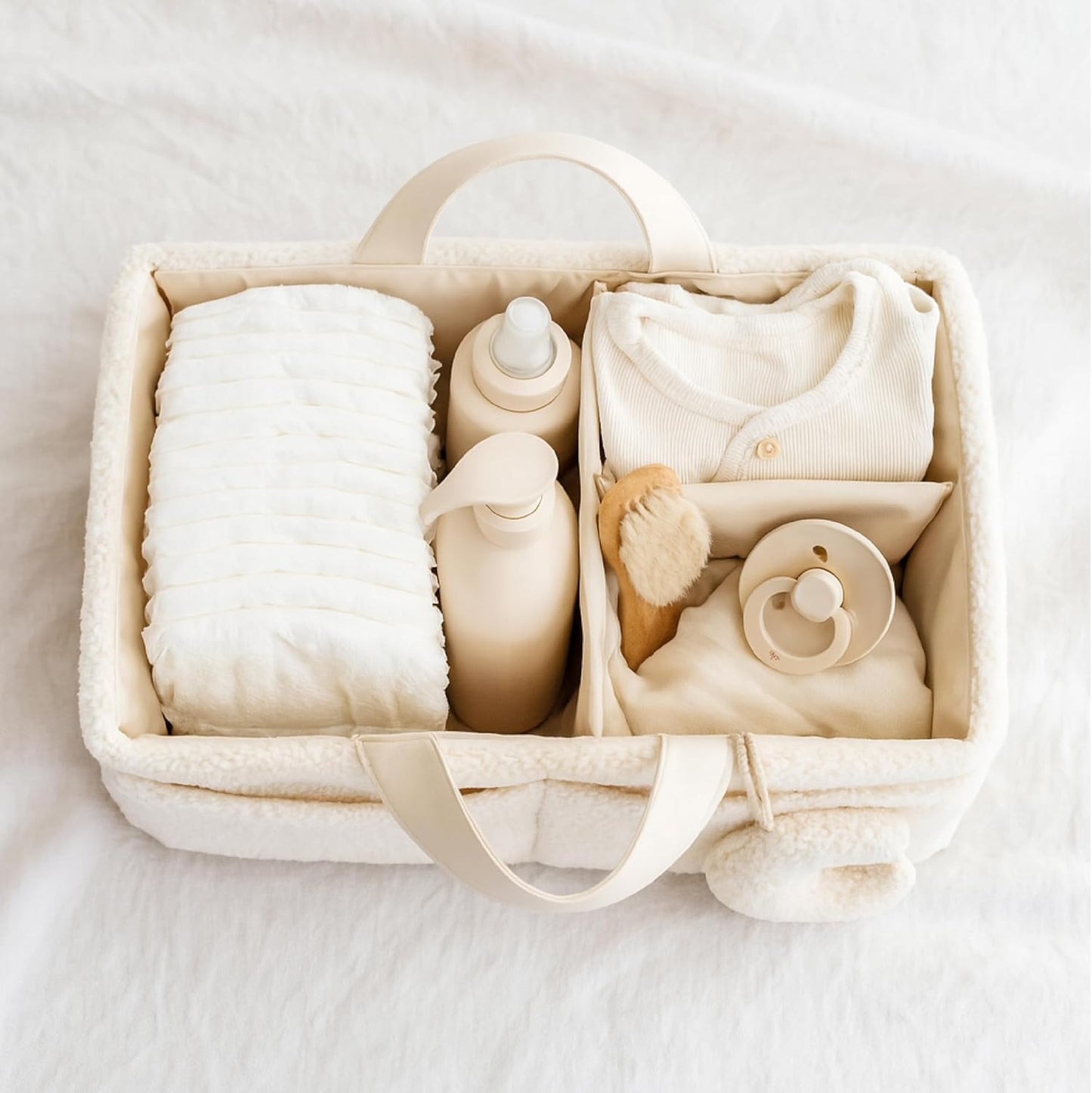 Orelle Bouclé Diaper Caddy Organizer - Portable Changing Table with Matching Pouch & Moon Pendant | Cream