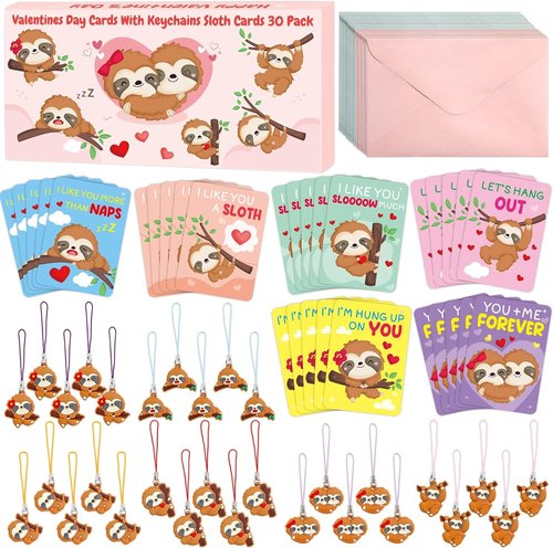 Fancy Land 30-Pack Sloth Valentine's Day Cards - Fun Classroom Gift Set for Kids with Keychains