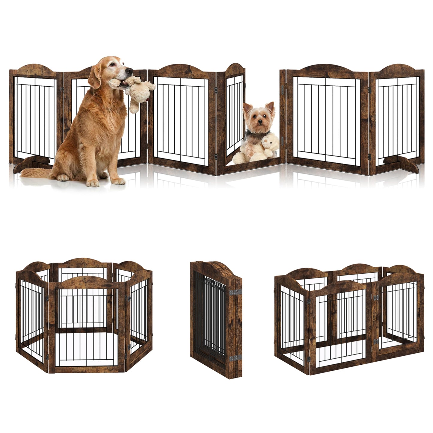 Vantas Folding No-Assembly Dog Door Pet Gate 144" Wide, 30" Tall Wooden Dog Gate with Door Walk Through, Freestanding Wire Pet Gate, Pet Puppy Safety Fence, with 2PCS Support - Rustic Brown