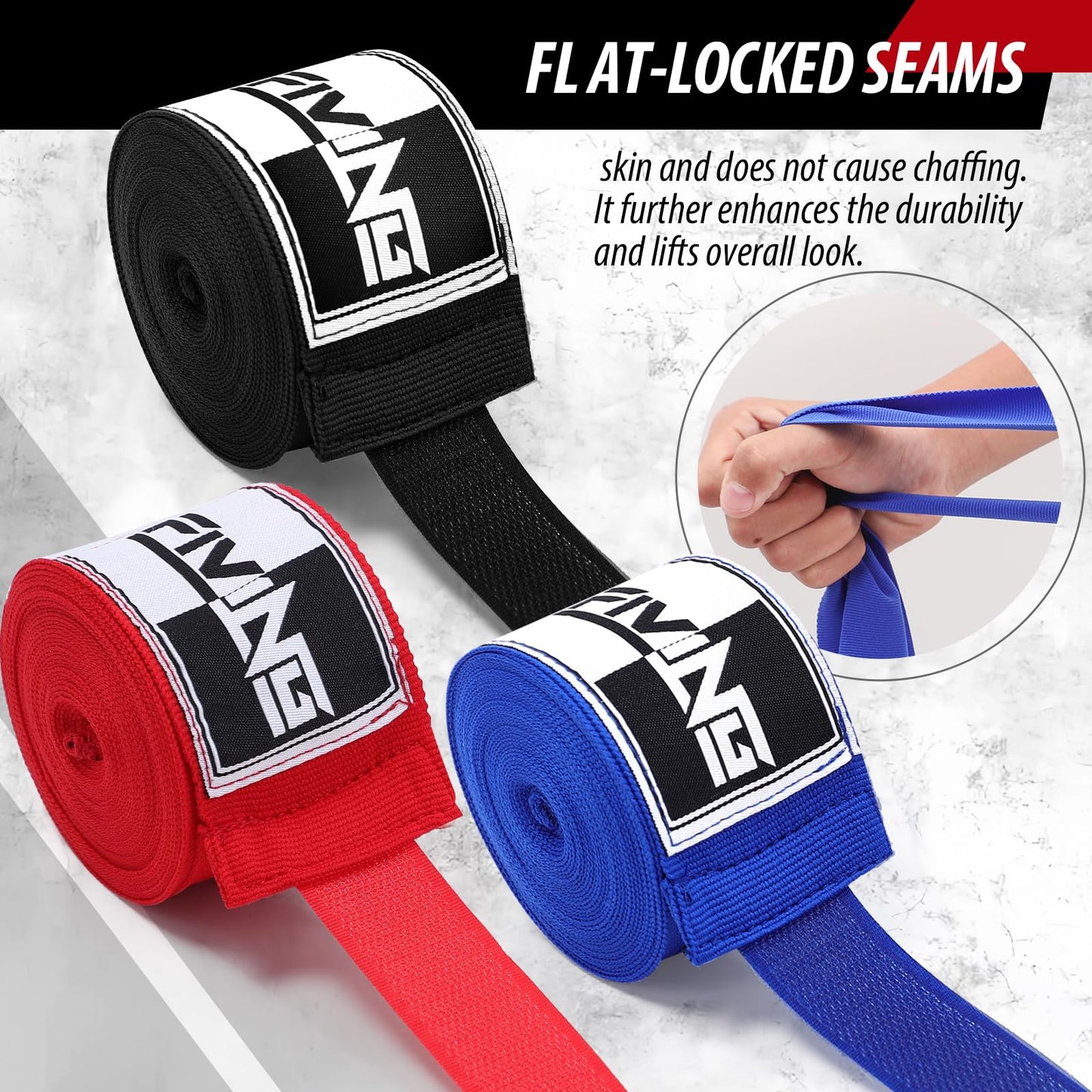 FIVING Boxing Hand Wraps Inner Gloves for Men Women, 180 Inch Elasticated Thumb Loop Bandages, Wrist Wrap Protection Muay Thai MMA Kickboxing Martial Arts Punching Bag Training (Black)