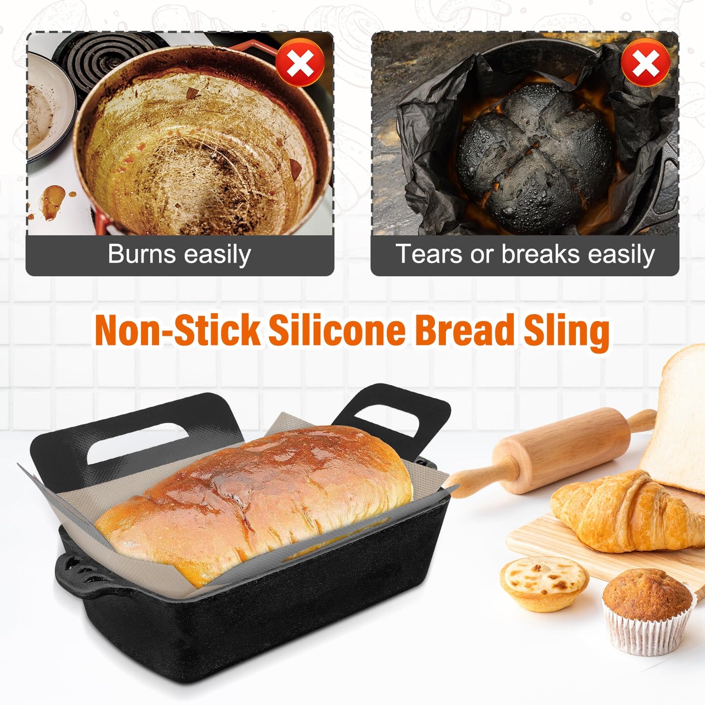 9"x5" Loaf Pan Liners with Long Handles - 2 Pack Silicone Bread Sling for Sourdough Baking, Reusable Non-Stick Bread Pan Liner for Easy Dough Transfer & Baking | Food-Grade Silicone Baking Mat(Black)