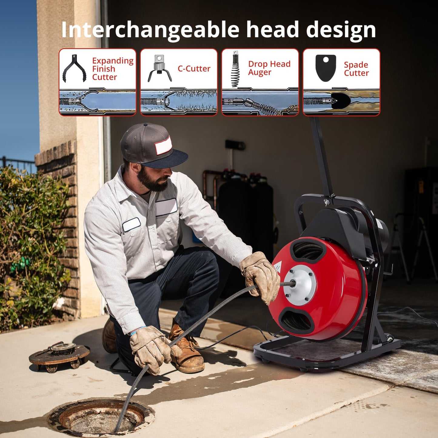50FT x 1/2Inch Electric Drain Cleaning Machin, Auto Feed Portable Sewer Snake, Semi-Enclosed Drum, Sewer Snake Electric Drain Auger Cleaner with 4 Cutters & Air-Foot Switch for 1"-4" Pipes