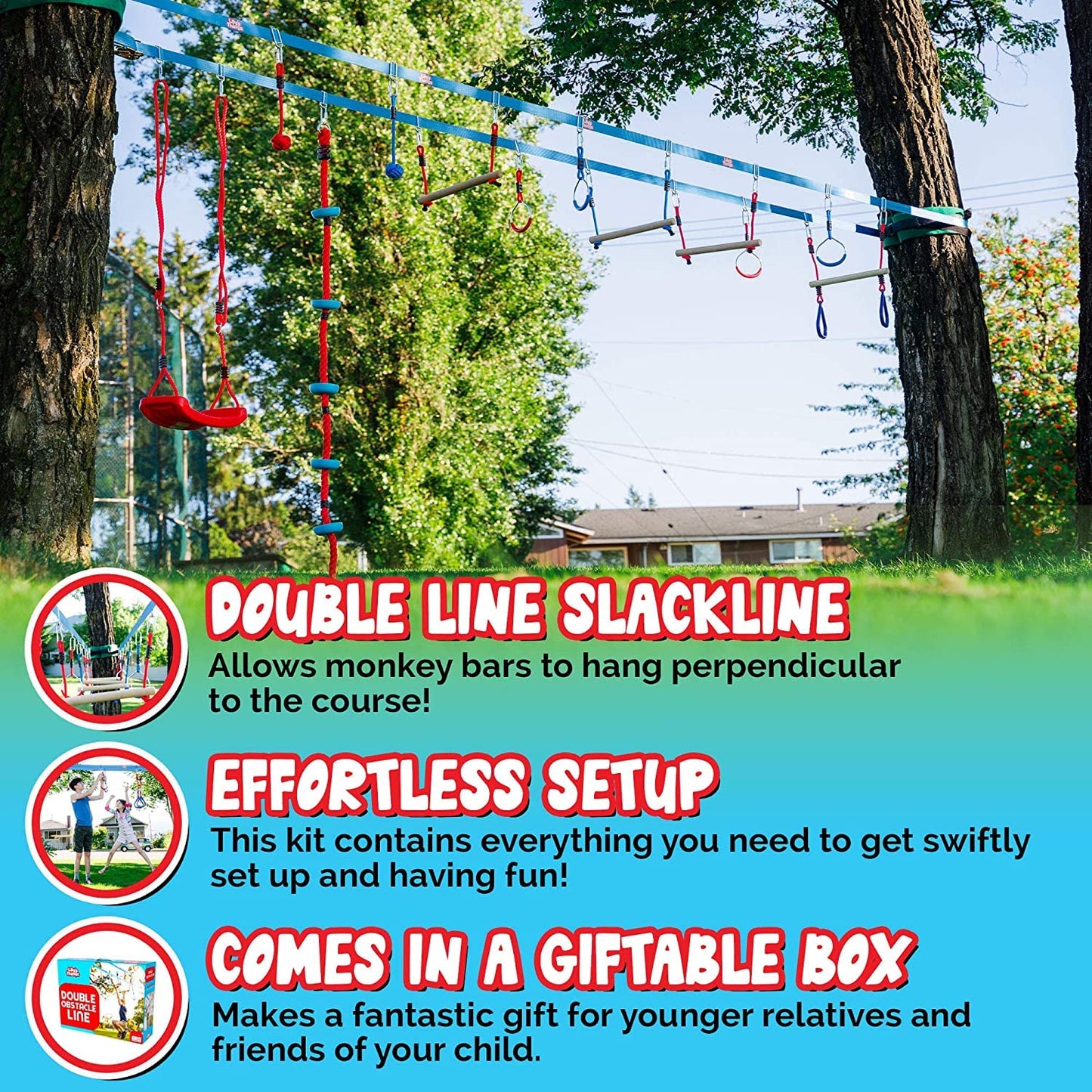 Double Ninja Slackline Obstacle Course for Kids | 110 Foot Line | Monkey Bars Playground Equipment | Ninja Warrior Obstacle Course for Kids | Patented Double Line Design (Deluxe)
