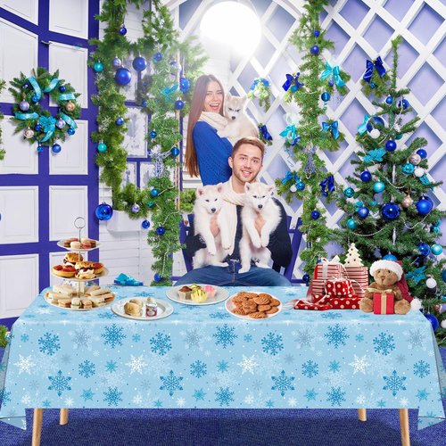 FVEOCR 4PCS Christmas Tablecloth Blue Snowflake Xmas Party Table Cover Snowflake Tablecloths Christmas Table Decorations Winter Holiday Party Supply 51X86IN