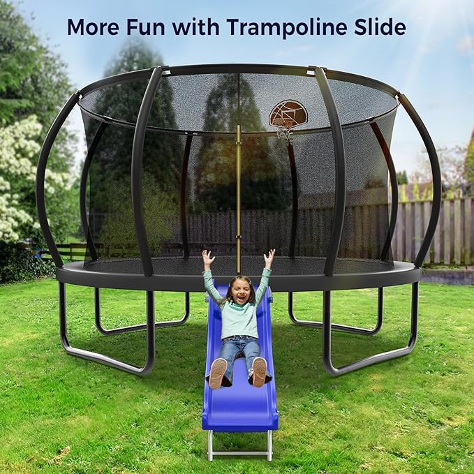 Heavy Duty Plastic Trampoline Slide with Support Frame for 8-16FT, Outdoor Plastic Slide for Trampoline, Adjustable Safer Trampoline Ladder for Kids 6+, 220 LBs Capacity, Blue