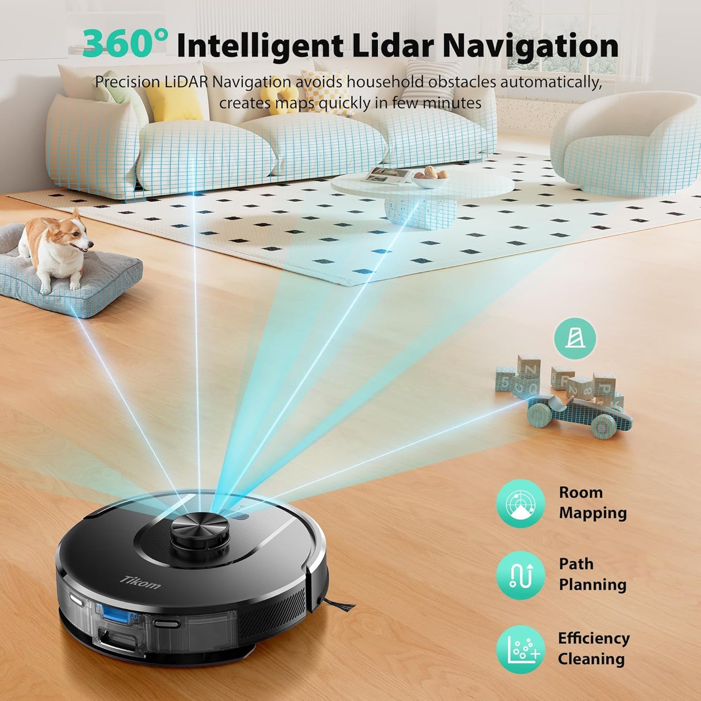 Tikom Robot Vacuum - 6000Pa Self-Emptying Robotic Cleaner with LiDAR Navigation | Ideal for Pet Hair & Carpets (L8000 Plus)