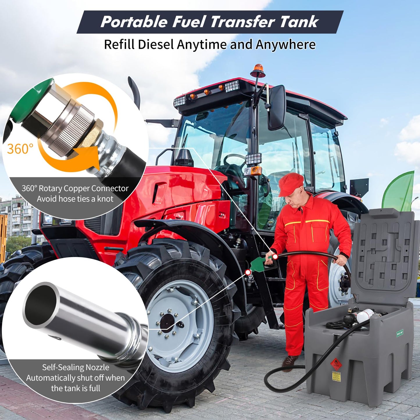 48 Gallon Portable Diesel Fuel Tank with 12V Transfer Pump, 10 GPM Flow, 13.1ft Hose & Auto Shut-Off Nozzle, Heavy-Duty Diesel Transfer Tank for Truck, Generator, Farm & Construction Use - Gray