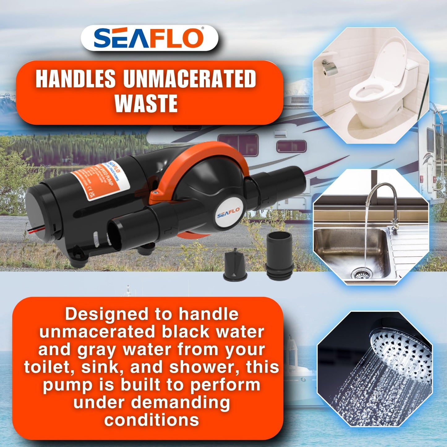 SEAFLO 12V Diaphragm 5.0 GPM Waste Pump – 360-Degree Rotating Head, 4-Year Warranty for Marine, RV, Camper, Boat