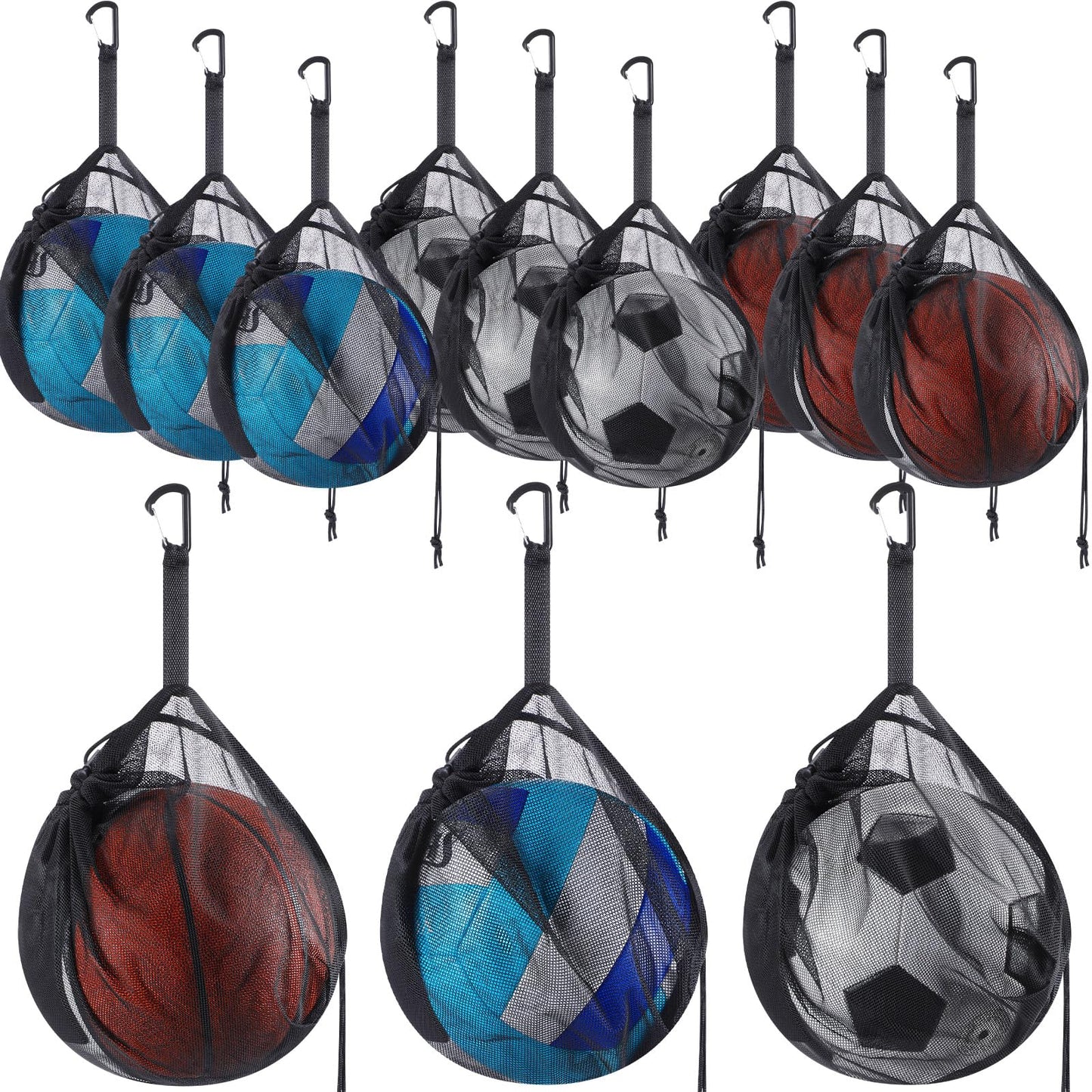 Dansydaisy 6 Pcs Mesh Ball Bags Basketball Volleyball Football Single Storage Bag with Zipper Pocket Drawstring Sling Back Bag D Rings for Carrying Ball