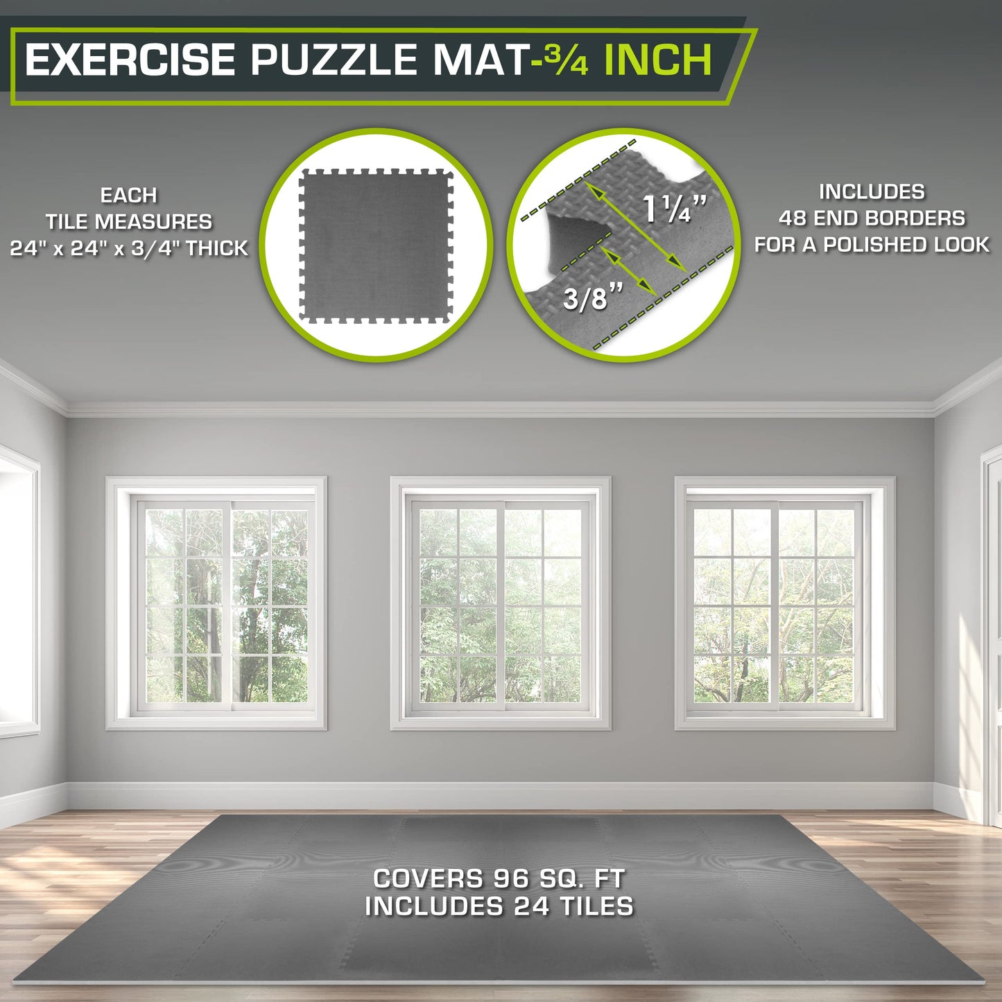 ProsourceFit Weaved Pattern Extra Thick Exercise Puzzle Mat ¾-inch, EVA Foam Interlocking Tiles for Protective, Cushioned Flooring for Home and Gym Equipment; Grey, 96 SQ FT, 24 Tiles