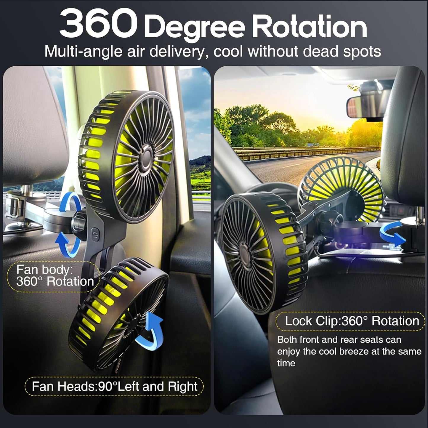 360 Dealswin Car Fan for Backseat kids, Dual Head USB Car Seat Fans, Rotatable Strong Wind Rear Headrest CarFan