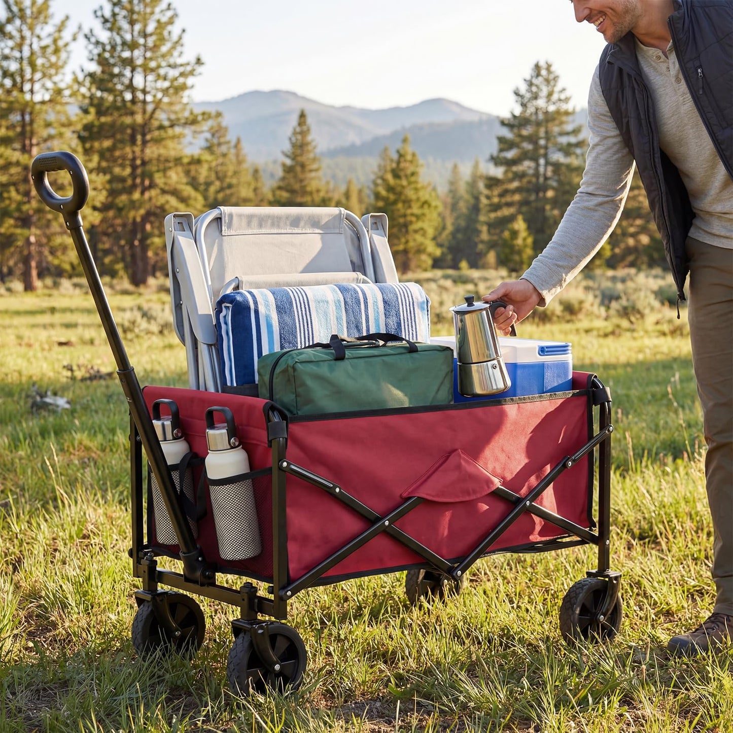 DUMOS Collapsible Wagon Cart, Heavy Duty Foldable Utility Wagon with Wheels – 220 lbs Capacity, Flexible Handle for Beach, Garden, Sports, Grocery & Camping, Red