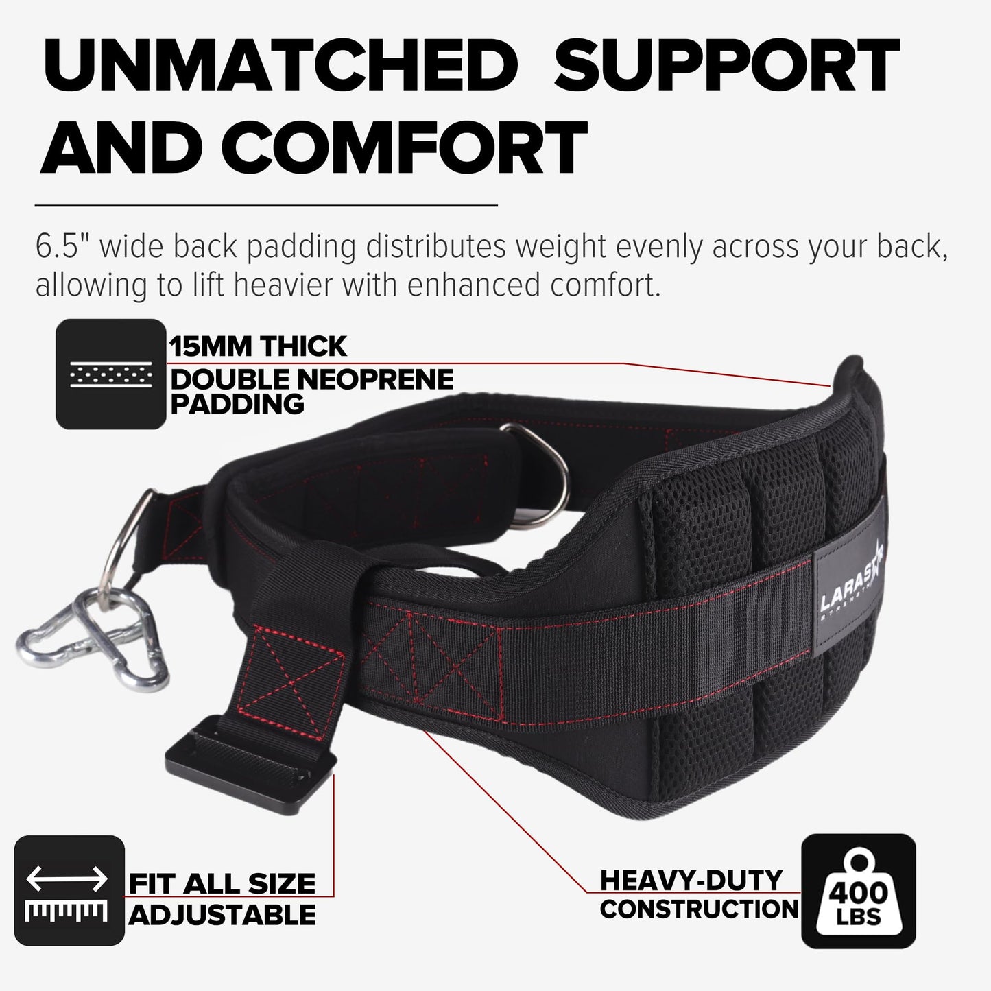 Belt for Belt Squat Dip Belt Weighted Pull Up, Heavy Duty with Structured Back Support and Squat Machine Compatible (Black&Red)