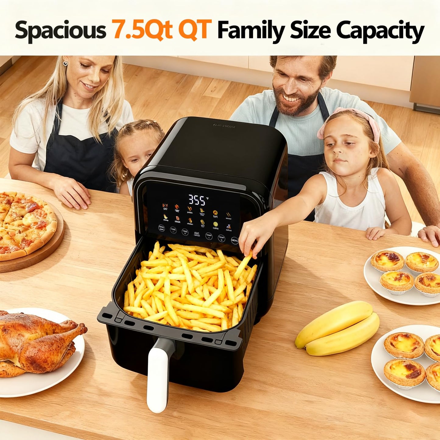 Simple Deluxe 12-in-1 Air Fryer 7.5 Qt, Digital Preset & DIY Function Airfryer with Visible Window, Nonstick and Dishwasher-Safe Basket, Chicken, Fries, Fish, Tart, Cake, DIY, Black