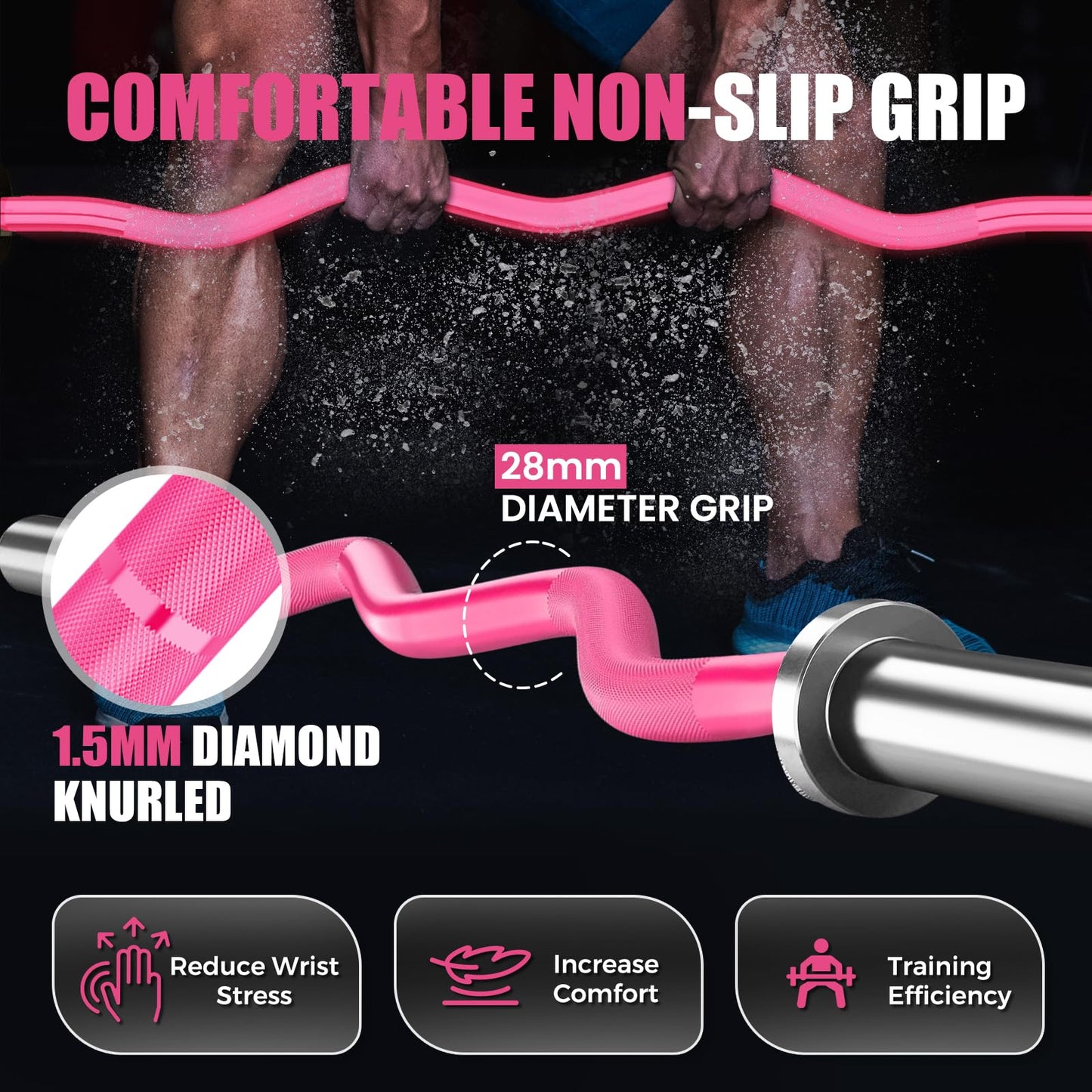 E.T.ENERGIC 47" Olympic EZ Curl Bar - 500lb Capacity, Pink Shaft & Sliver Chrome Sleeves, Knurled Grip - 2" Plate Compatible for Weightlifting, Strength Training, Home & Commercial Gyms