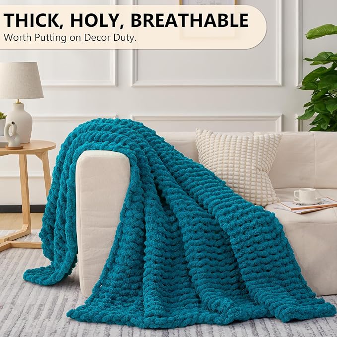 L'AGRATY Chunky Knit Blanket Throw: 50''x60'' Chenille Chunky Knitted Throw Blankets for Bed Couch - Handmade Thick Big Cable Knit Blanket - Large Crochet Rope Blankets for Home Decor(Teal)