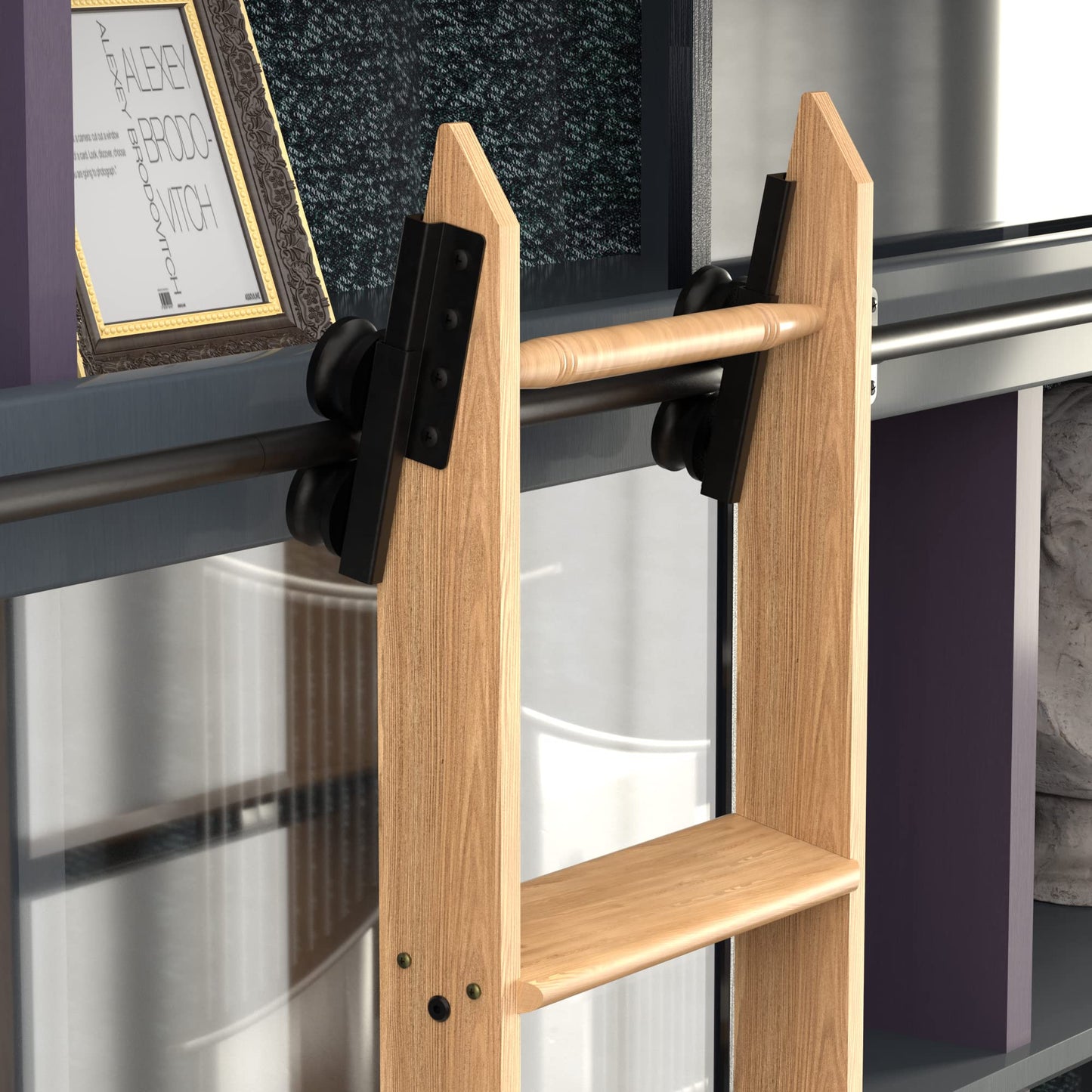 KINMADE 10 ft Rolling Library Ladder Kit with Ladder Included, Solid Red Oak Wood, Telescopic Upper Roller, Stable Style&Functional Design