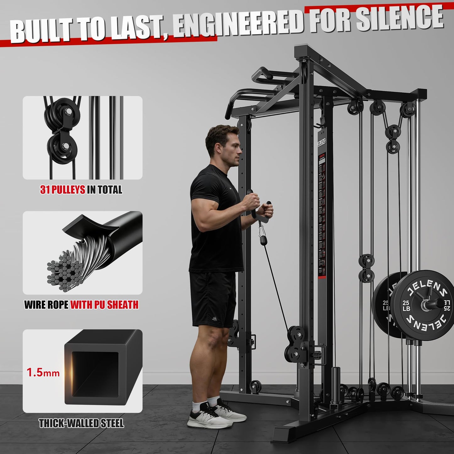 JELENS CC01 Fitness Cable Crossover Machine with High and Low Pulley System, Functional Trainer with with Pull Up Bars and Optional Bundle (Black, CC01 Cable Crossover Machine)