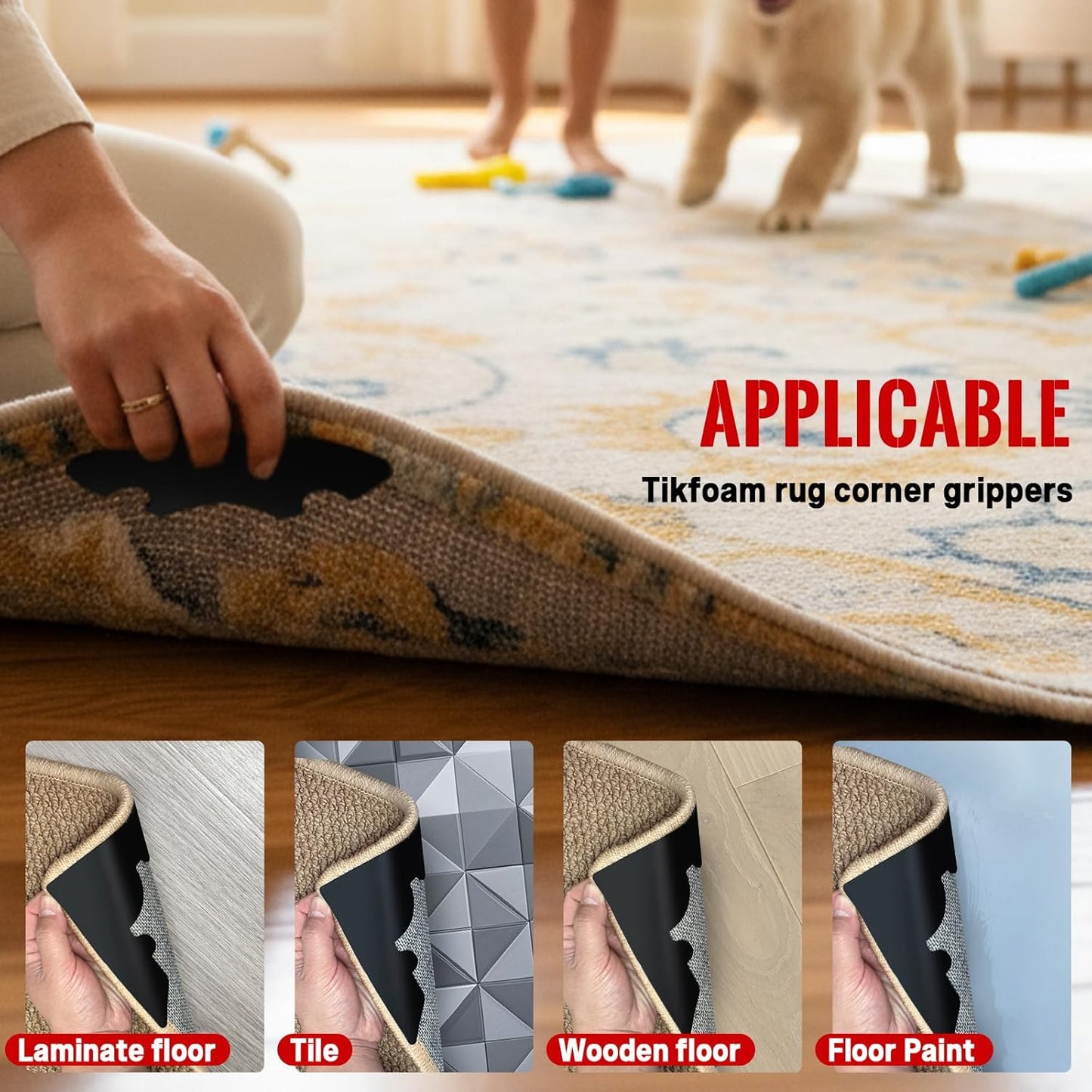 Skiennix Non-Slip Rug Grippers - Reusable Carpet Corner Stickers for Hardwood & Tile Floors | 8-Pack