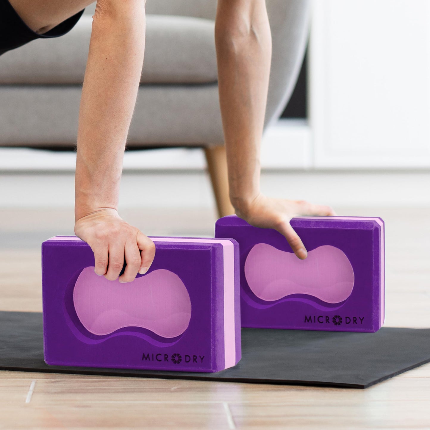 Microdry Sure-Grip Yoga Blocks, Set of 2 – Non-Slip Foam Blocks with Ergonomic Grip Cutout for Stability, Wrist Support, Flexibility & Balance Purple/Pink