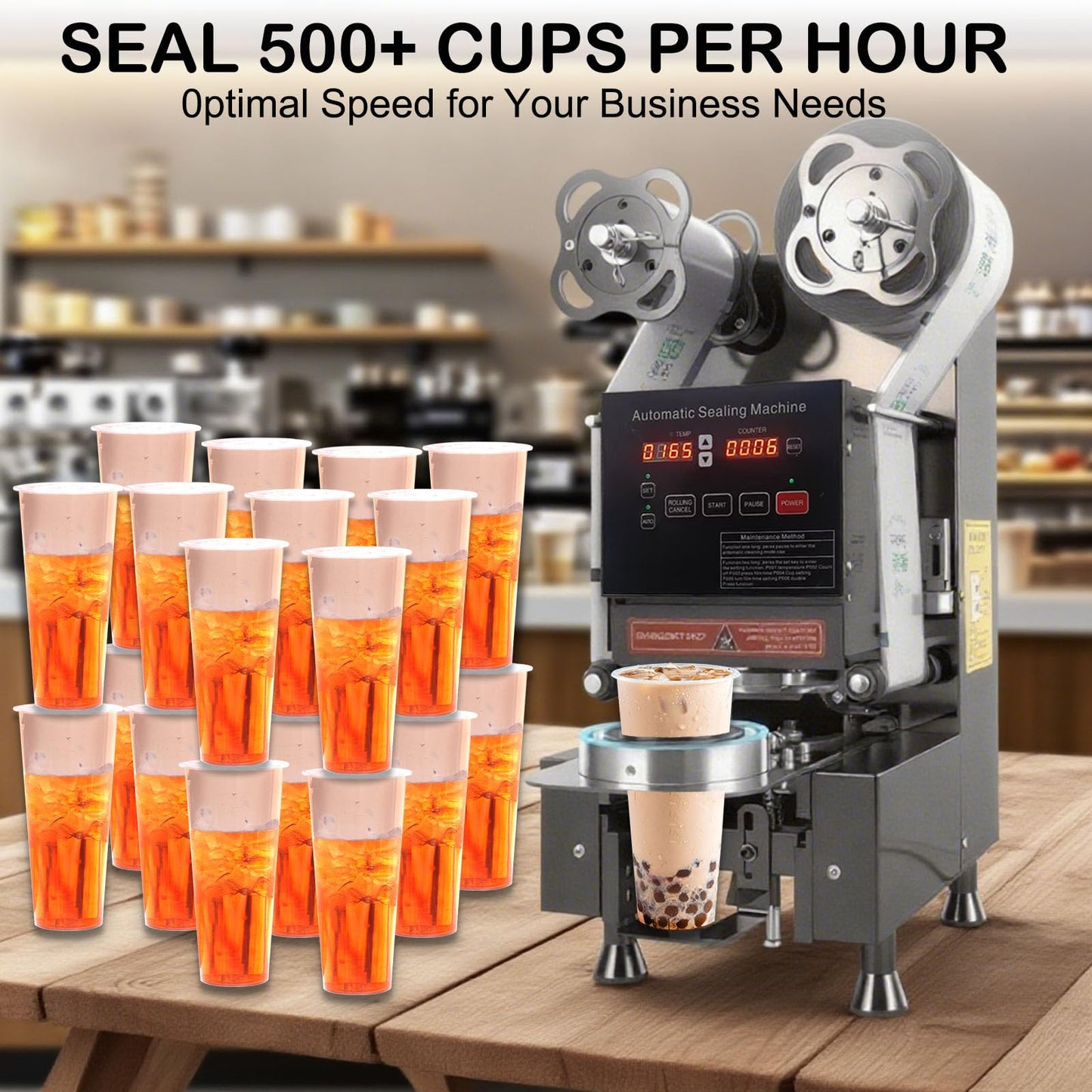 Cup Sealing Machine, Full Automatic Cup Sealer Machine 90/95mm Electric boba Cup Sealing Machine 500-650 Cups/H Digital Control LCD Panel Suitable for Bubble tea, Coffee, Drinks, Desserts (Black)