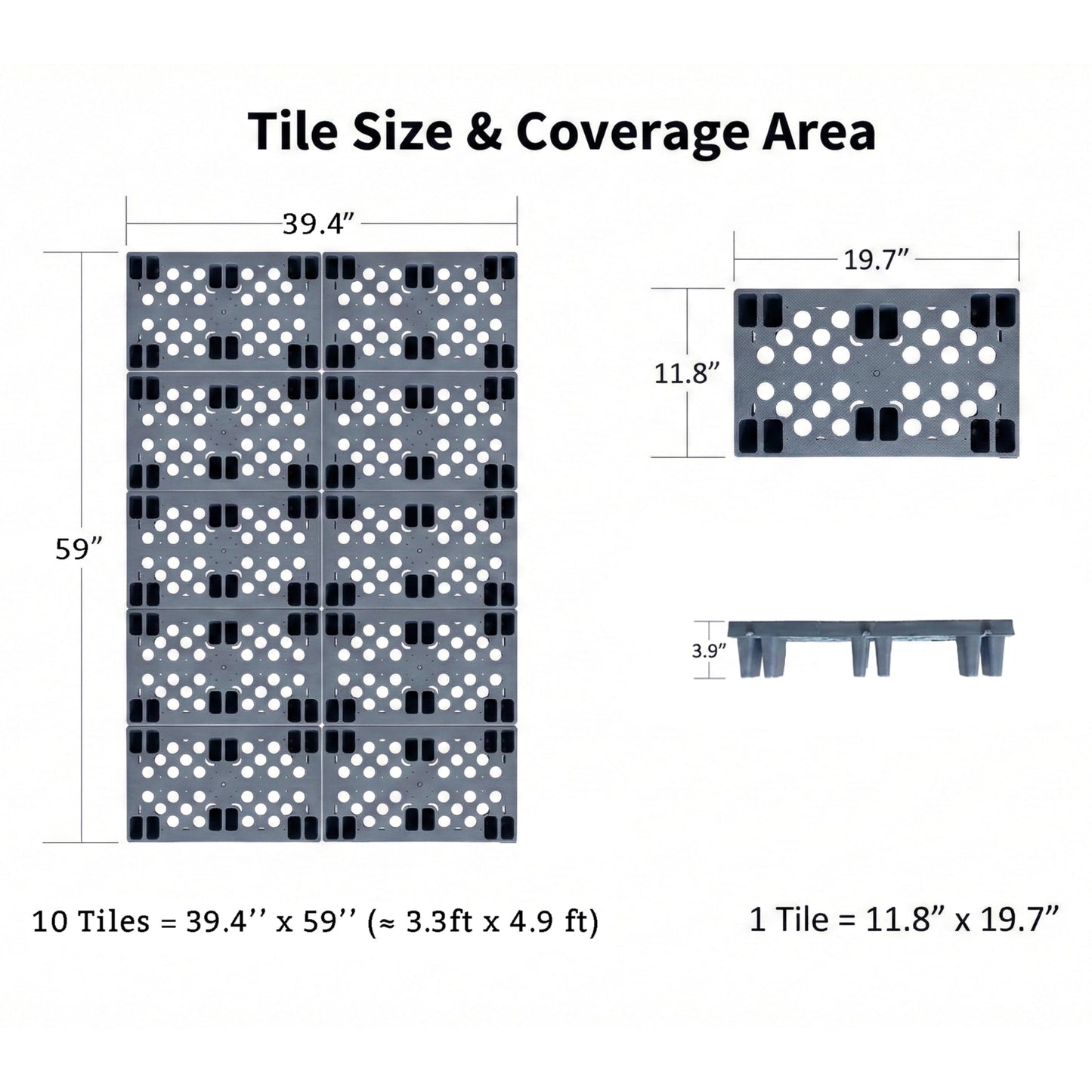 Heavy Duty Plastic Pallets, Grey Interlocking Storage Platforms with Breathable Grid Design, 11.8 x 19.7 x 3.9 Inches, 10 Pack, Indoor Outdoor Use for Basement Storage, Storage Shed, Warehouse