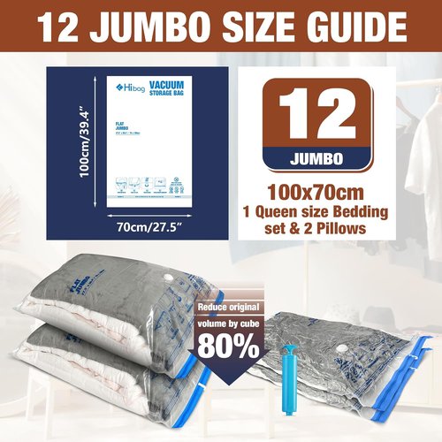 HIBAG Jumbo Vacuum Storage Bags - 12 Space-Saving Bags for Clothing, Comforters & Bedding
