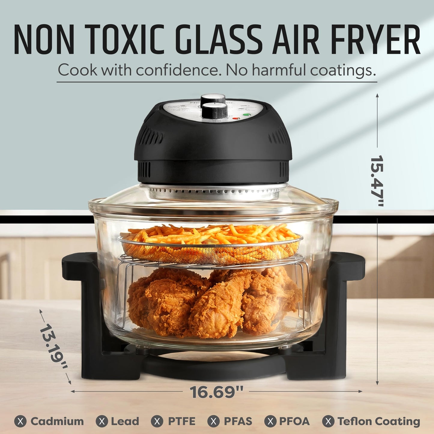 Granitestone 16 Qt Large Glass Air Fryer Non Toxic – Family Sized Airfyrer Cooker with 3 Cooking Sections, Stainless Steel Racks, No Preheat, Self Cleaning, Dishwasher Safe - Black
