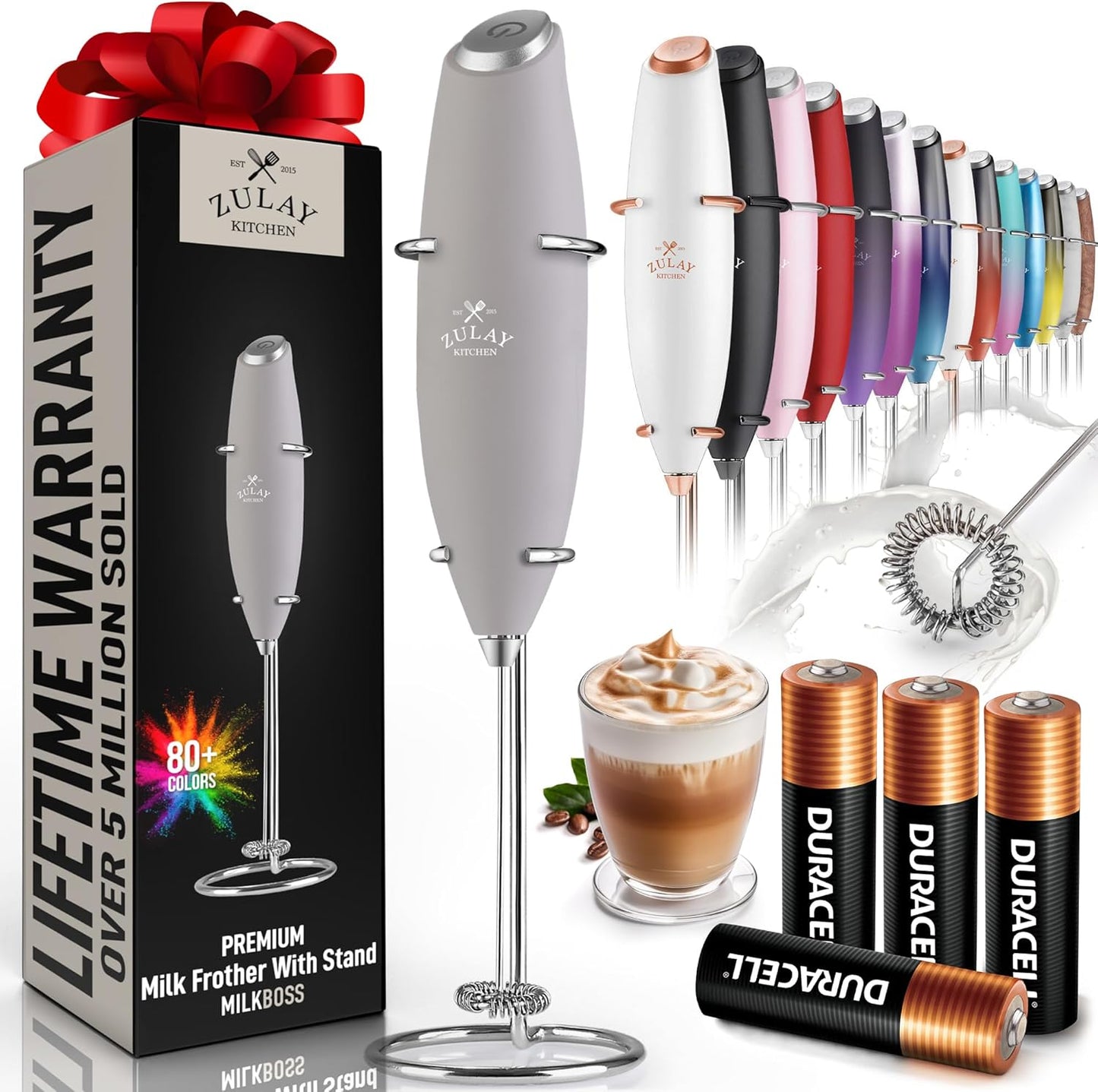 Zulay Kitchen Milk Frother Wand - Ultra-Fast Handheld Drink Mixer with Batteries - Light Gray