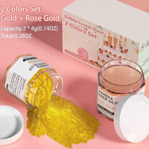 Cherrysea Luster Dust Edible Set - Food Grade Shimmer Powder for Cakes & Cocktails | 4g Bottles - Gold & Rose Gold