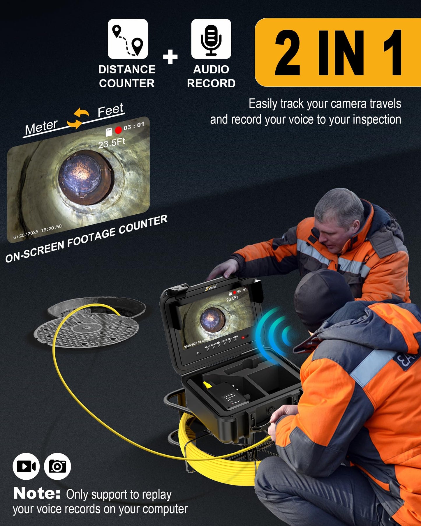 Anysun Self Leveling Sewer Camera with Locator, Distance Counter, 7MM Thicker Cable, 300Ft/91.5M Pipe Inspection Cameras with 9'' 1080P IPS Screen, IP68 Sewer Drain Cam with DVR Recorder & 32GB Card