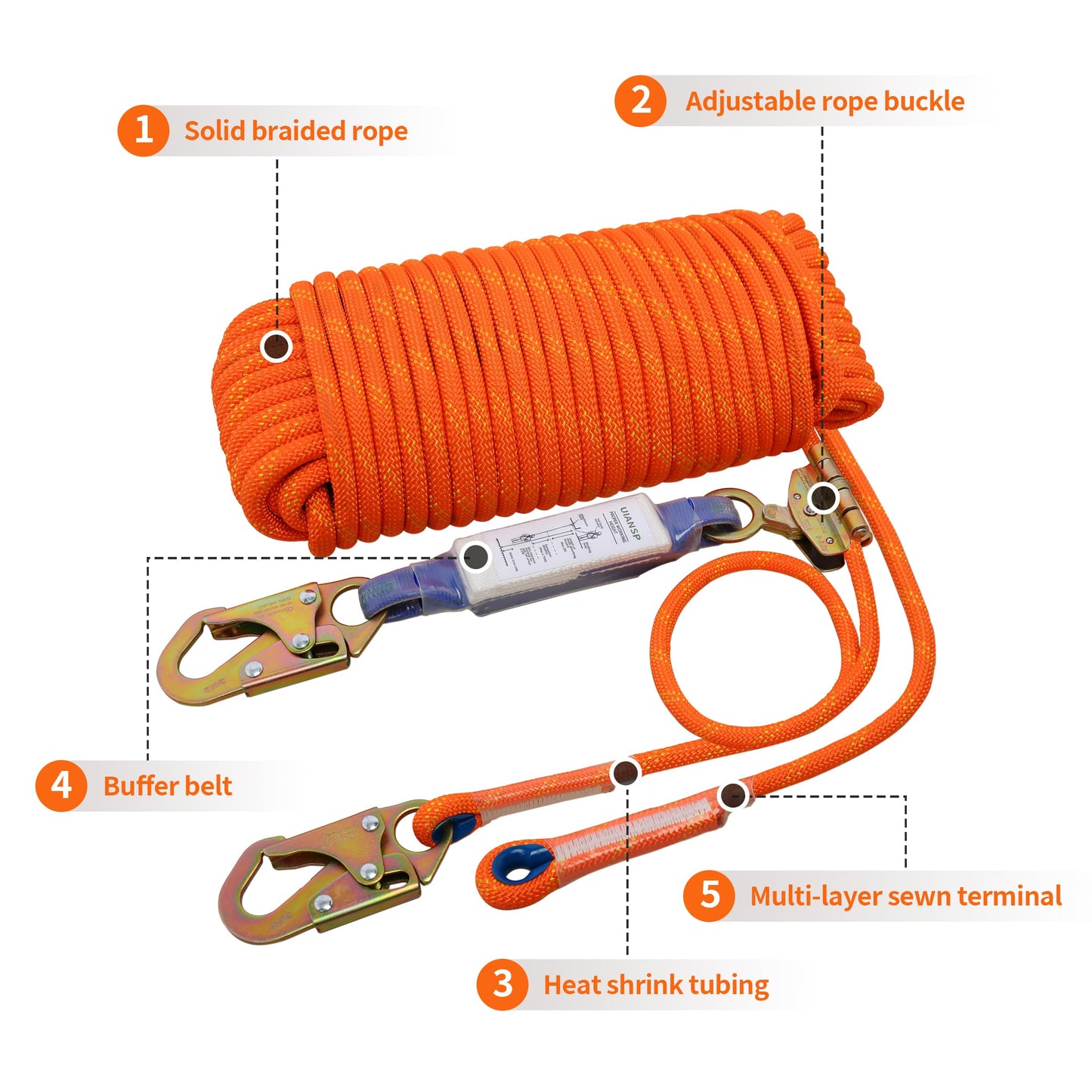 Fall Protection Safety Rope 50ft Heavy Duty Vertical Roofing Grab Snap Hook Shock Absorber Fall Protection Line Kit Restraint System Roofing Safety Equipment (50FT)