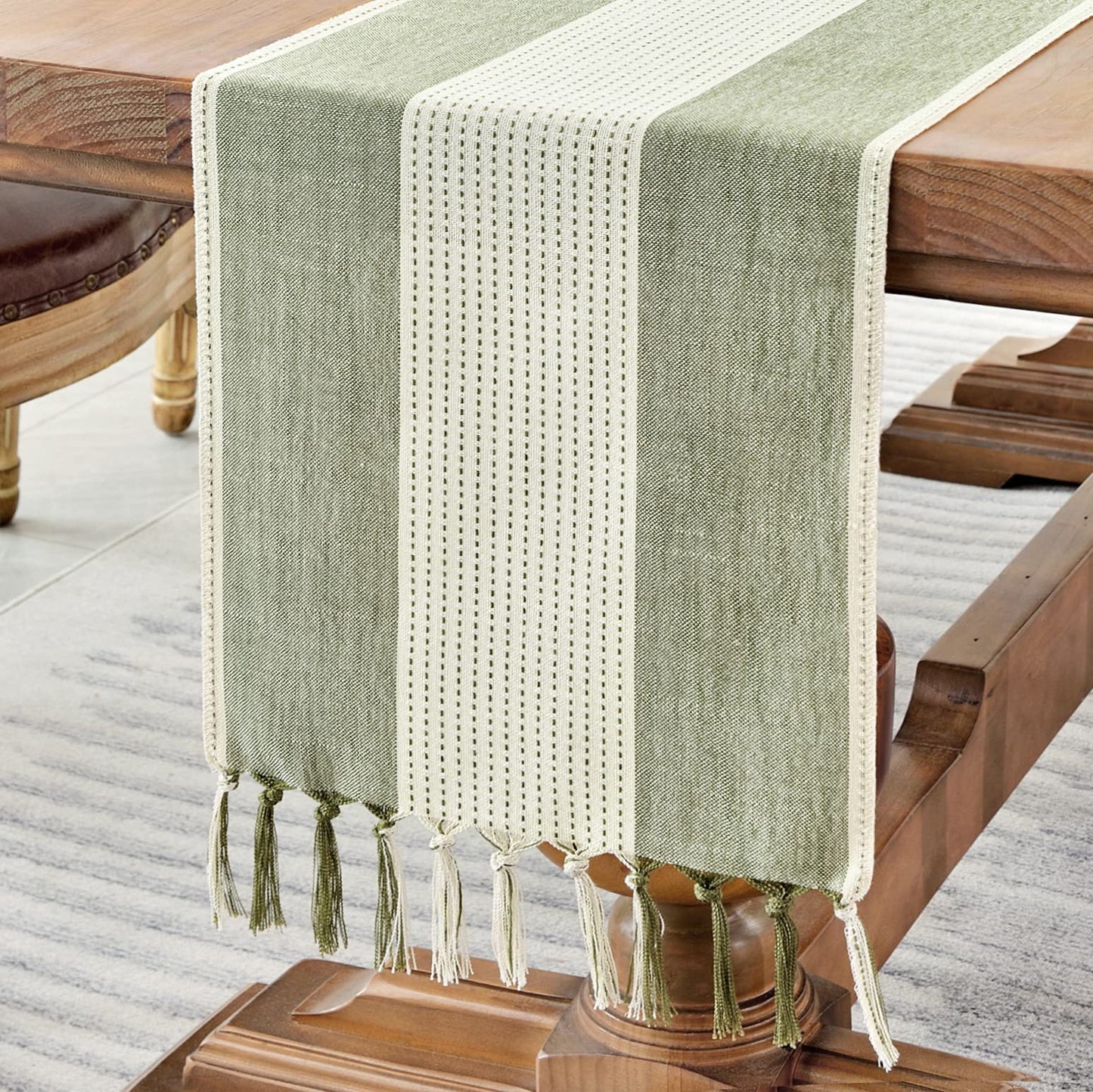 Wracra Linen Table Runner, Farmhouse Macrame Table Runners 108 Inches Long for Dining Table Decor, Wedding, Party and Dresser Decor (Sage Green,108")