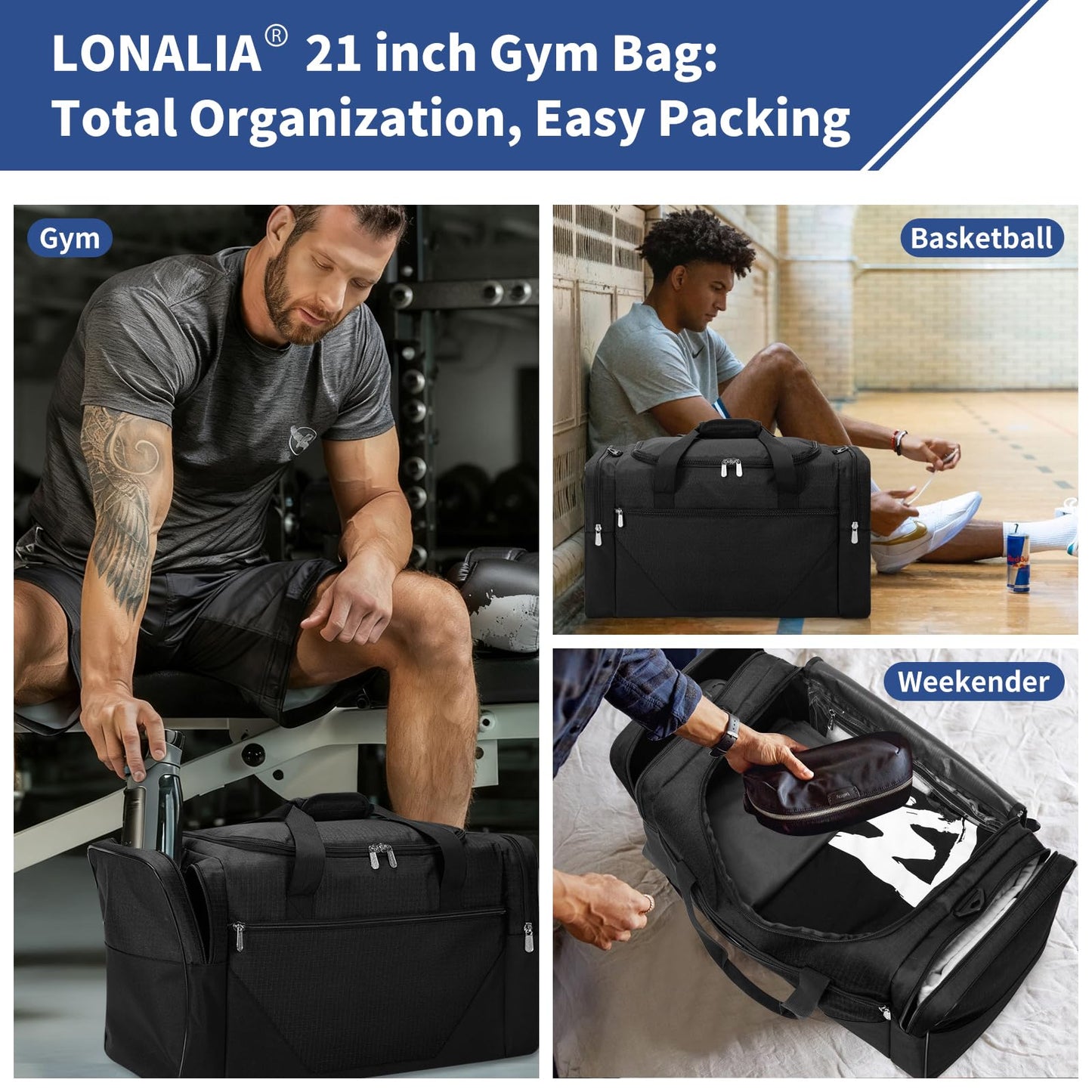 LONALIA 45L Sport Duffle Bag for Men - 21 inch Duffle Bag with Shoe Pouch and Wet Pocket for Travel, Workout, Fitness, Training (Black)