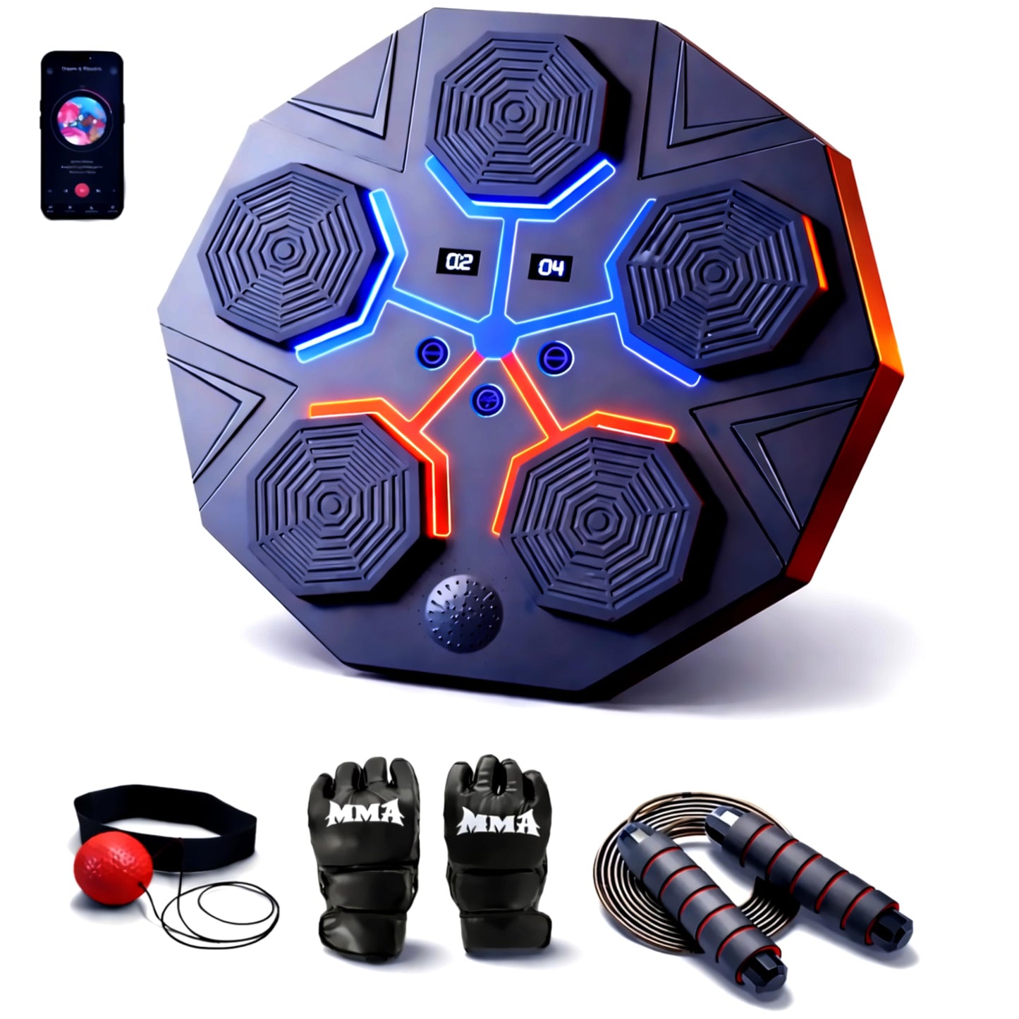 Music Boxing Machine for Adults, Bluetooth Wall Mounted Punching Machine, Interactive Boxing Trainer with LED Targets, Pro Boxing Gloves & Reflex Ball Headband, Home Gym Cardio Workout Training