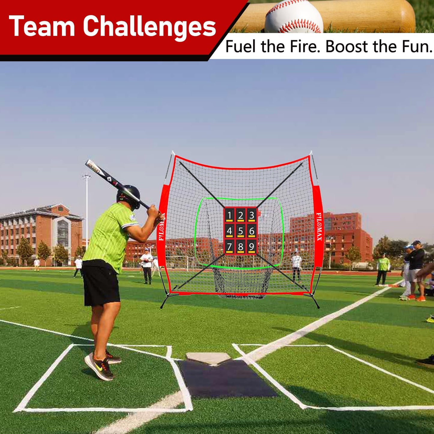FILOMAX 7x7 ft Baseball & Softball Practice Net with 9 Numbered Strike Zone | PRO Training Net for Hitting, Pitching & Batting | with Carry Bag, Bow Frame for All Ages & Skills
