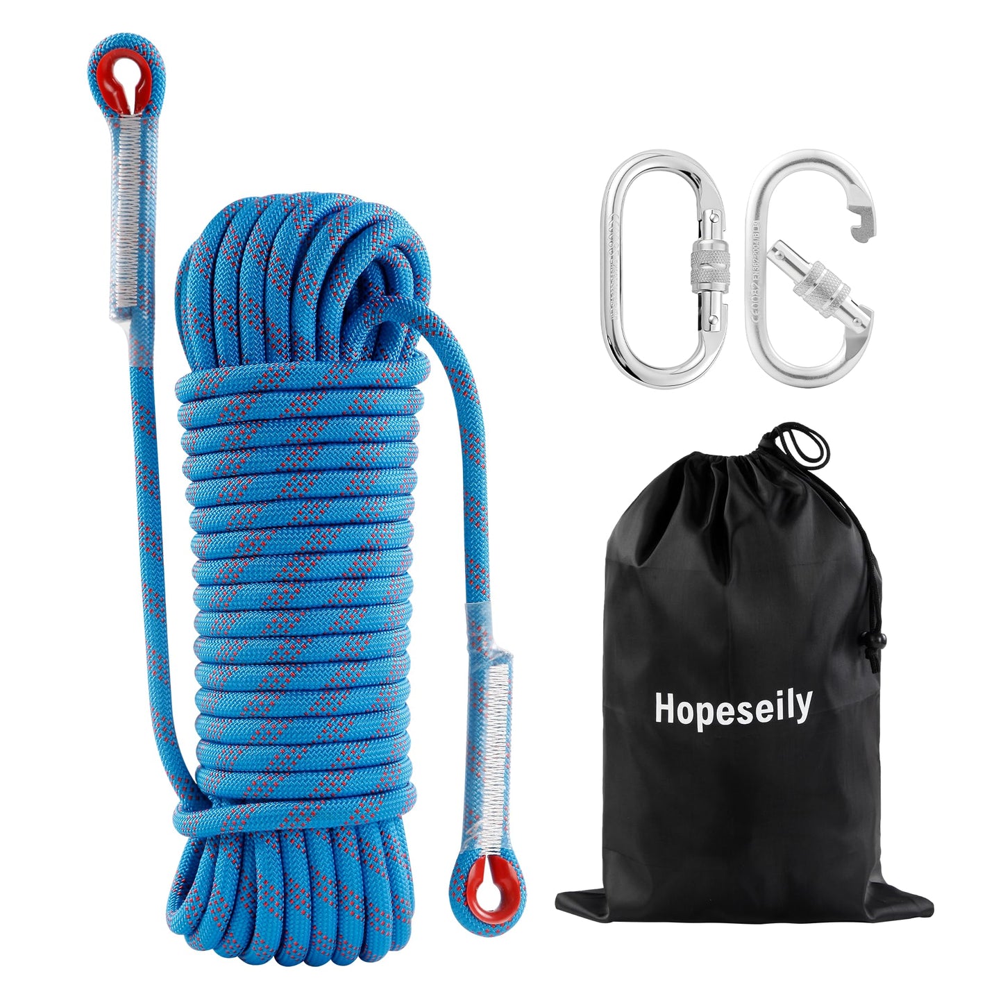Hopeseily Static Rock Climbing Rope, 10mm x 64FT Arborist Rope with 2 Heavy Duty Carabiners, Rappelling Rope for Outdoor Hiking Camping Tree Work Caving Fire Rescue Safety Escape Parachute