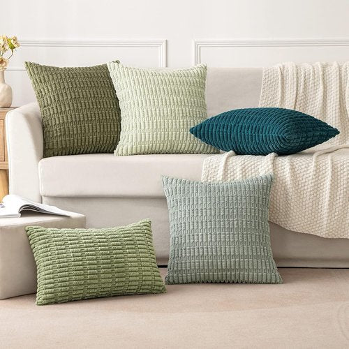 MIULEE Decorative Throw Pillow Covers - Soft Boho Striped Corduroy | Pack of 2, 12x12 Inch, Greyish Green