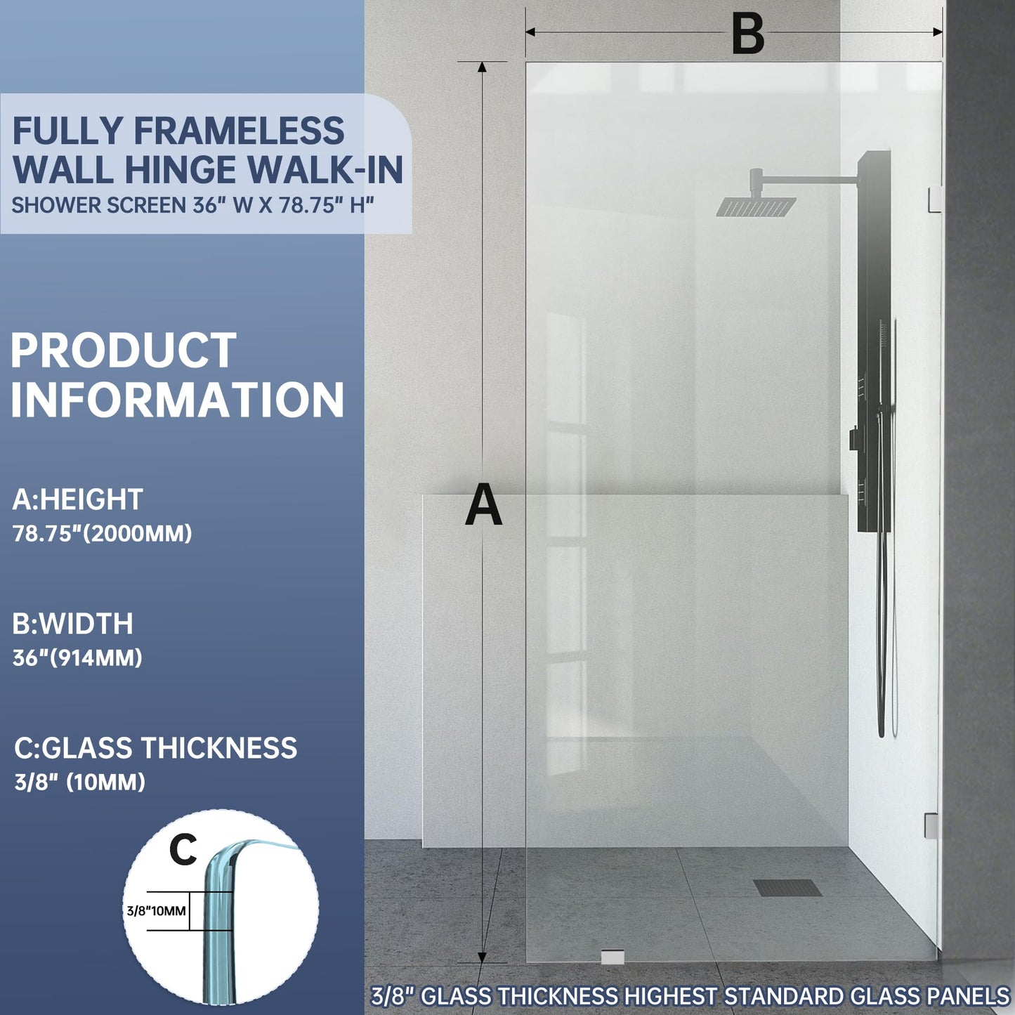 AquivaCoast 36" x 78.75" Shower Glass Panel, 3/8" (10mm) Ultra-Clear Tempered Glass with Explosion-Proof Film Shower Screen, Includes Wall Clamps, Chrome