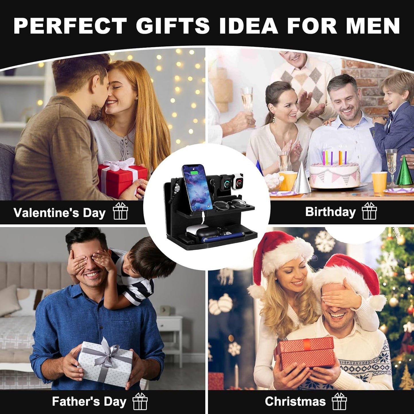 AliveByte Gifts for Men Desk or Nightstand Organizer - Wood Phone Docking Station - Birthday Gifts for Husband, Fathers