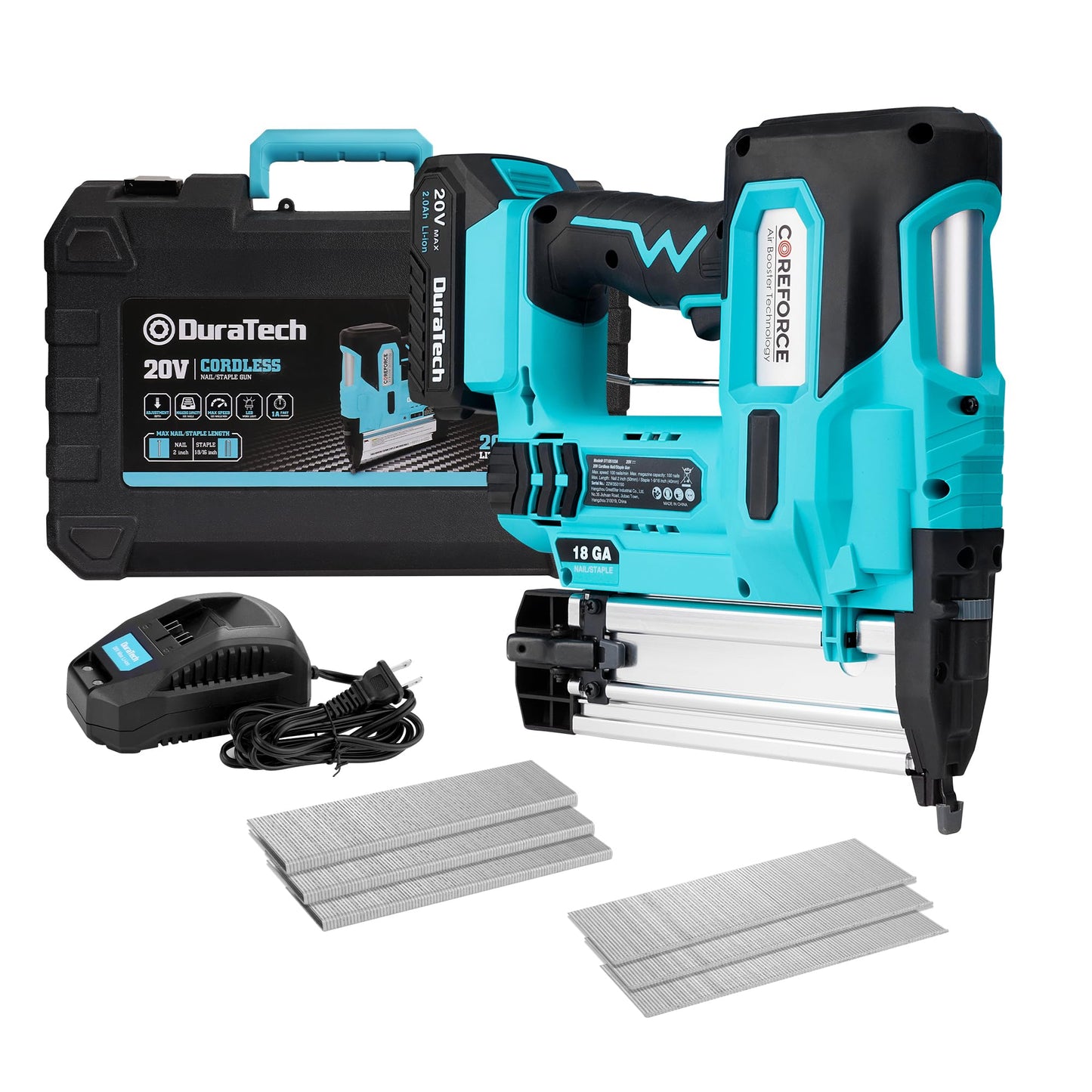 DURATECH 20V Cordless Brad Nailer, 18 Gauge, 2-in-1 Nail/Staple Gun for Upholstery, Carpentry, Including 2.0Ah Rechargeable Battery, 1H Quick Charger, 1000 Staples, 1000 Nails and Carrying Case