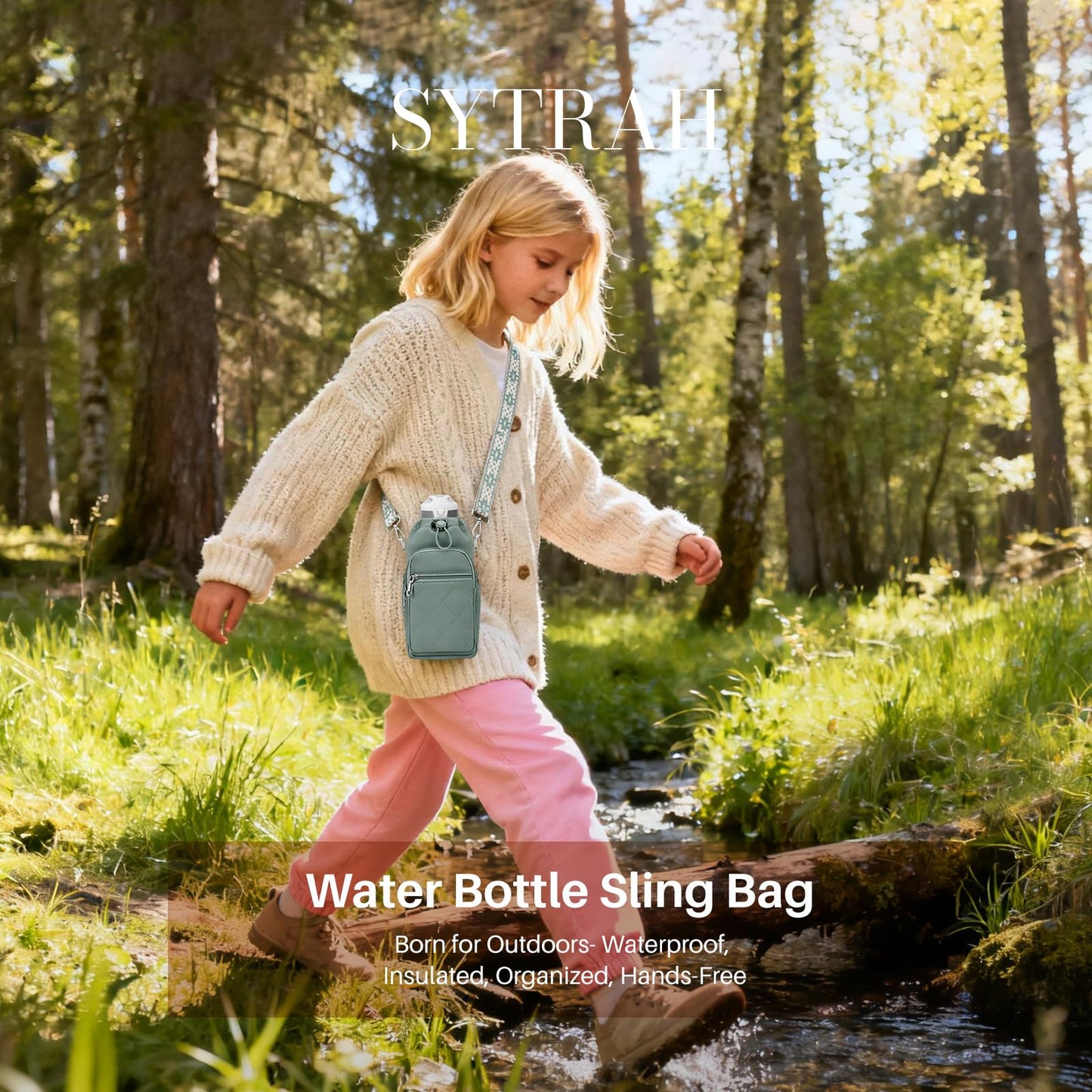 SYTRAH Water Bottle Carrier Bag with Strap, Water Bottle Purse with Phone Pocket 40oz, Insulated Crossbody Bags for Walking Hiking Antique Green