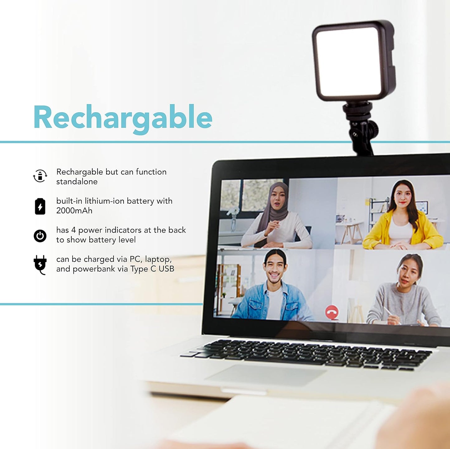 Foto&Tech Dimmable 2100mAH LED Laptop Lighting Kit, Rechargeable Light Panel with Diffuser and Strong Suction Cup