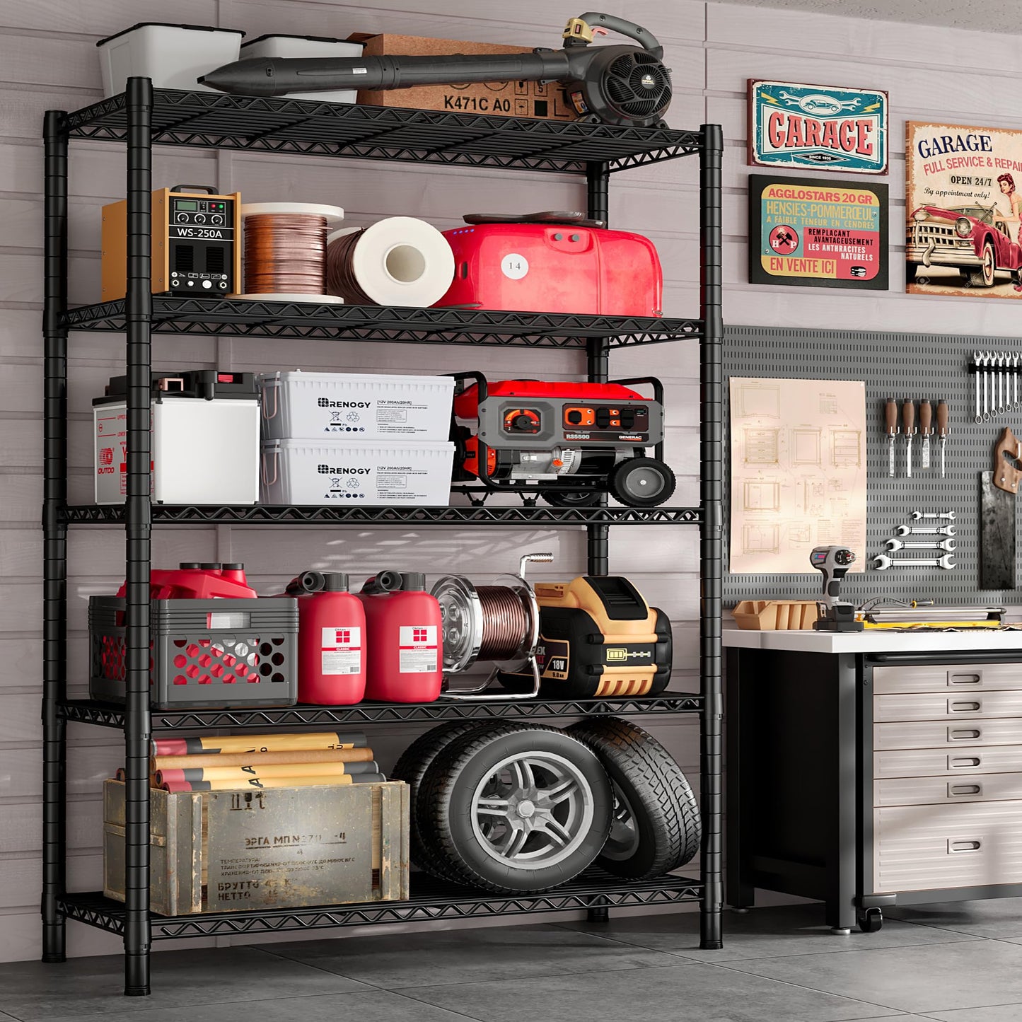 REIBII Storage Shelves Load 1980LBS,5 Tier Metal Shelving Unit with Wheels,Adjustable Wire Shelving Metal Storage Shelves Commercial Shelf for Garage Pantry Kitchen,76''HX36''WX16''D Black