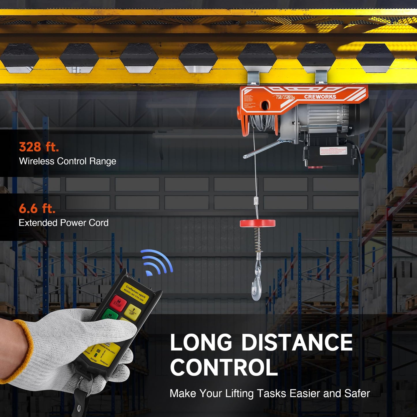 CREWORKS Electric Hoist, 1500lbs Electric Hoist with 328ft Wireless Remote Control 39ft Single Cable Lifting Height, 1150W Single Double Slings Hoist Lift Ceiling Winch for Factory Warehouse Garage