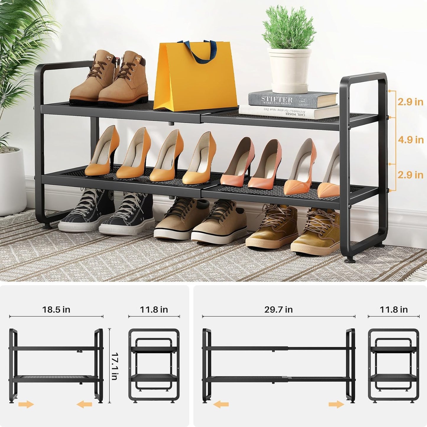 SNTD Shoe Rack - Expandable Shoe Organizer with Adjustable Metal Shelves | Stackable 2-Tier Design in Black
