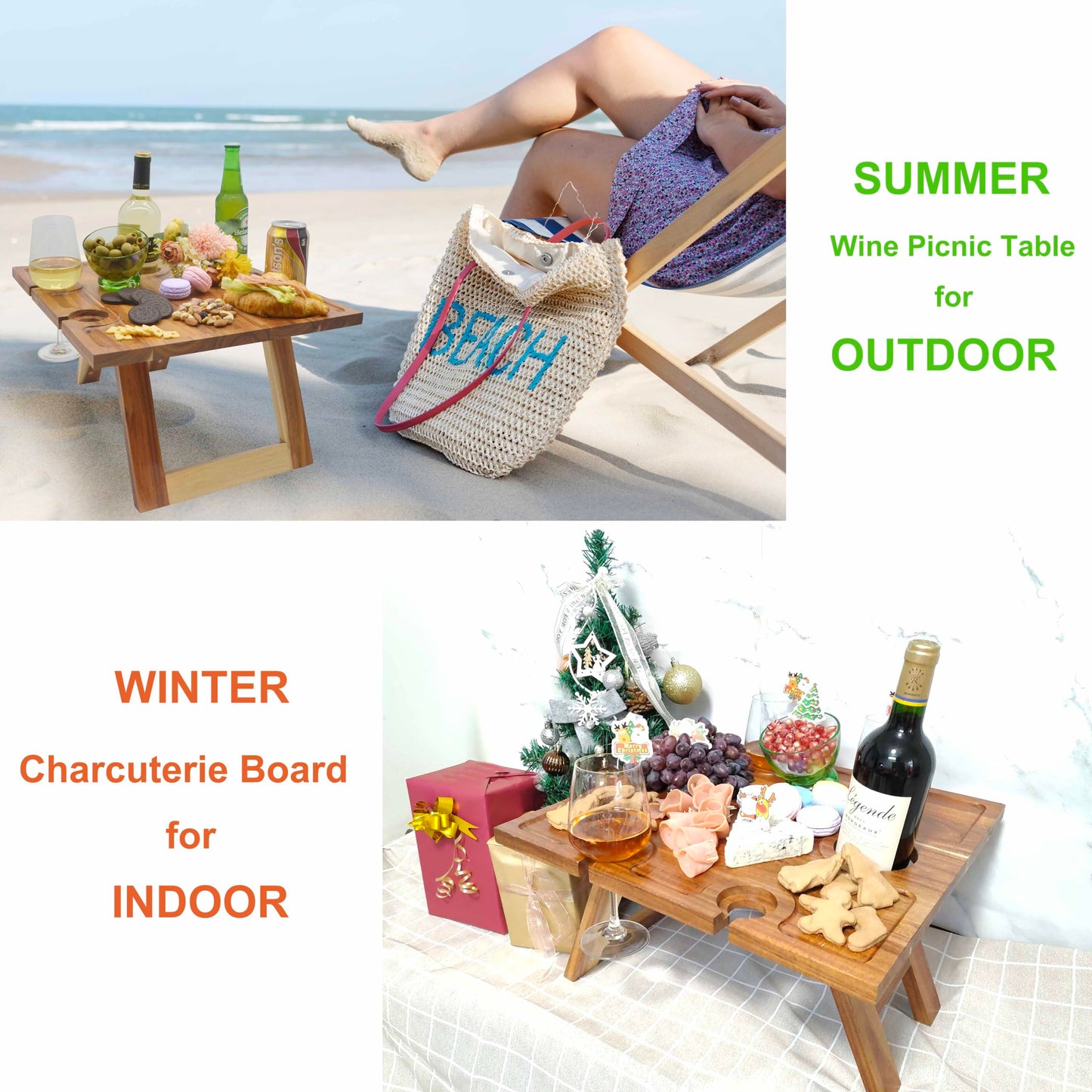 SASIDO Portable Wine Picnic Table, Acacia Wood, Larger Tray Foldable, Charcuterie Board, Wine Gift, Decor for Romantic Camping, Engagement Party, Concerts, Glamping, Winter Adventure